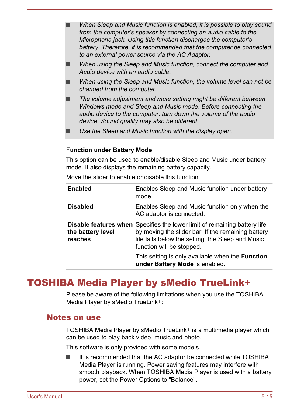 Toshiba media player by smedio truelink, Notes on use, Toshiba media player by smedio truelink+ -15 | Toshiba Satellite P50-B User Manual | Page 103 / 148