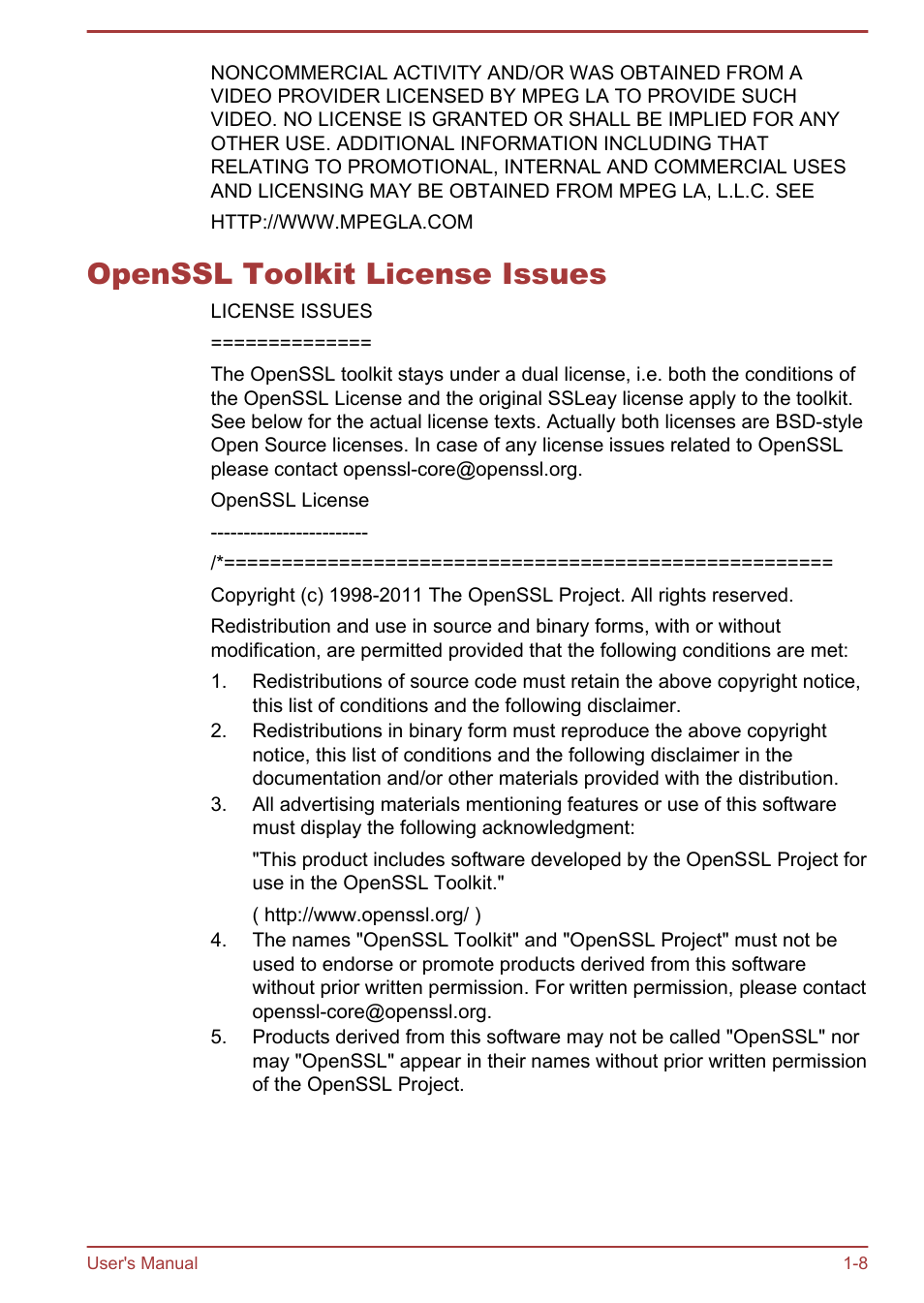 Openssl toolkit license issues, Openssl toolkit license issues -8 | Toshiba Satellite P50-B User Manual | Page 11 / 148