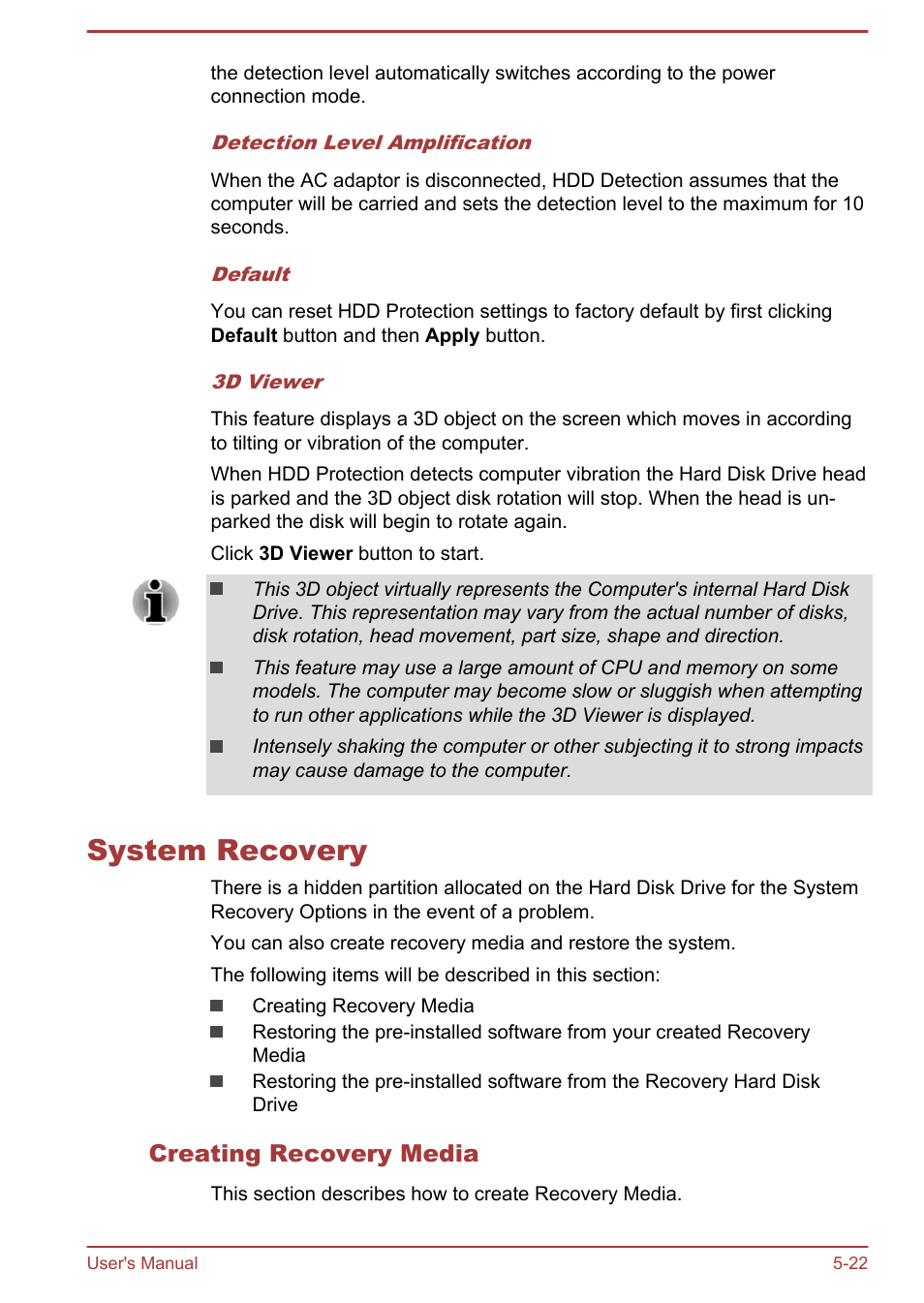 System recovery, Creating recovery media, System recovery -22 | Toshiba Satellite P50-B User Manual | Page 110 / 148