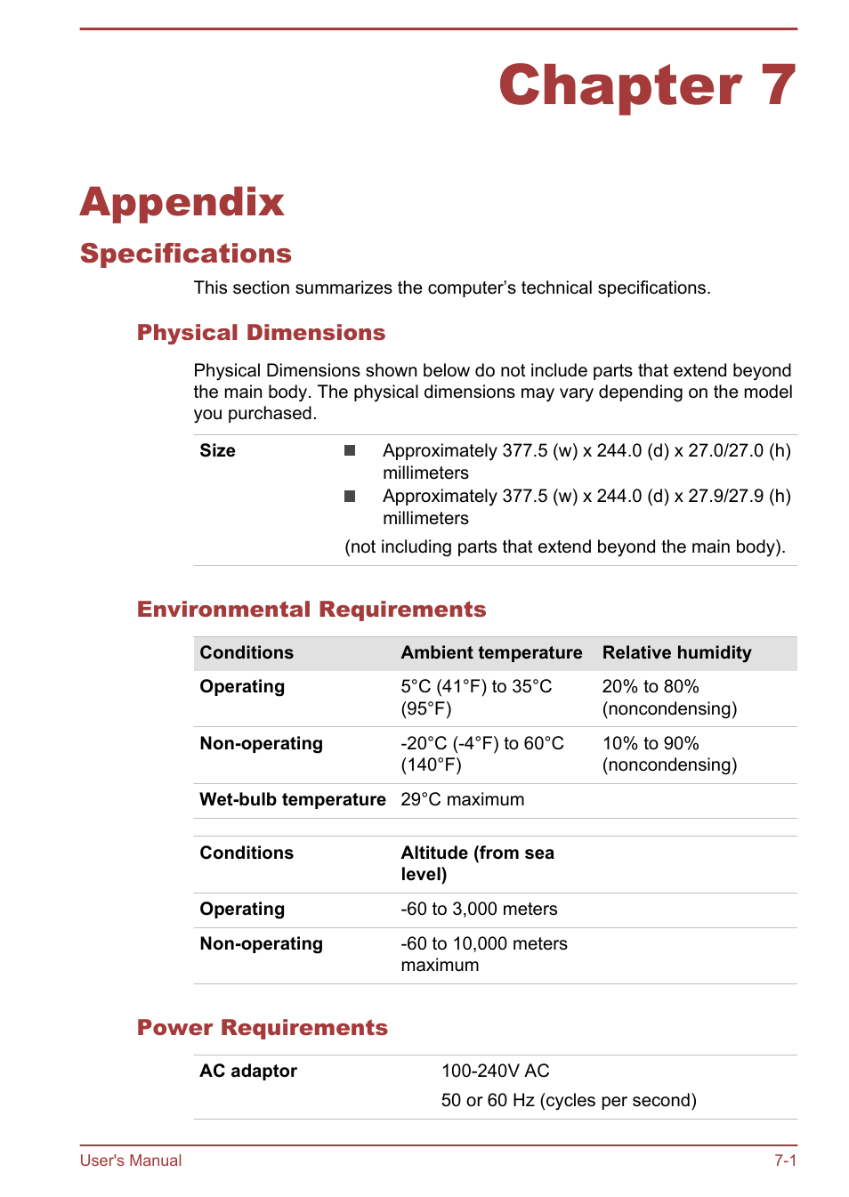 Chapter 7 appendix, Specifications, Physical dimensions | Environmental requirements, Power requirements, Chapter 7, Appendix, Specifications -1 | Toshiba Satellite P50-B User Manual | Page 129 / 148