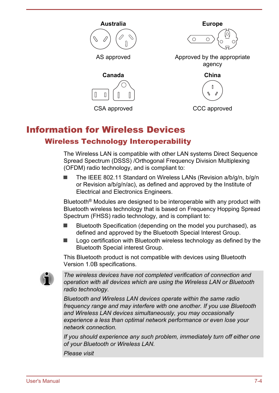Information for wireless devices, Wireless technology interoperability, Information for wireless devices -4 | Toshiba Satellite P50-B User Manual | Page 132 / 148