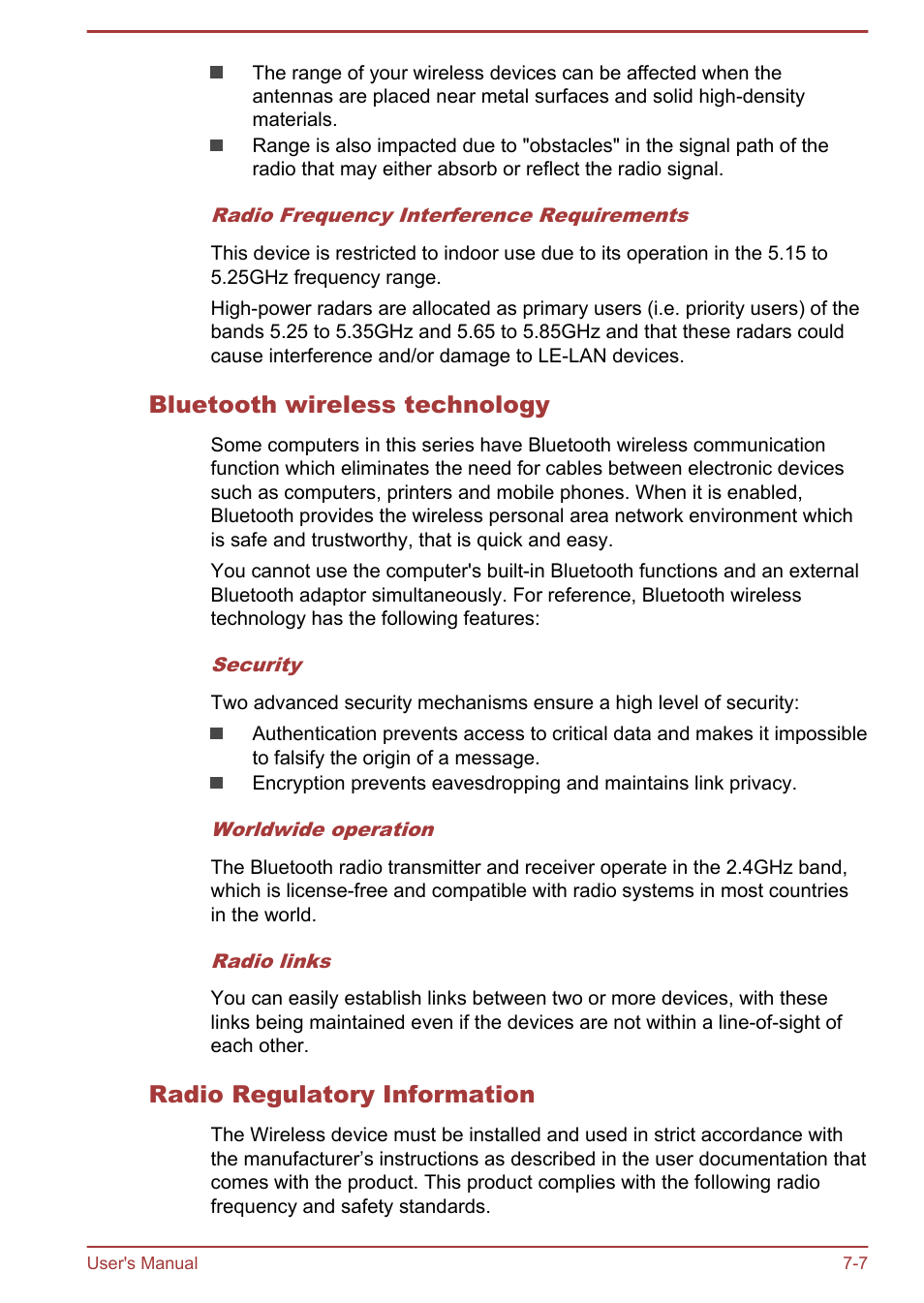 Bluetooth wireless technology, Radio regulatory information | Toshiba Satellite P50-B User Manual | Page 135 / 148