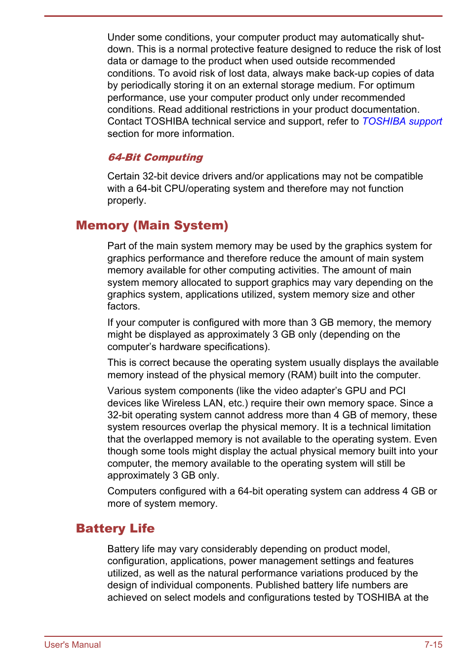 Memory (main system), Battery life | Toshiba Satellite P50-B User Manual | Page 143 / 148