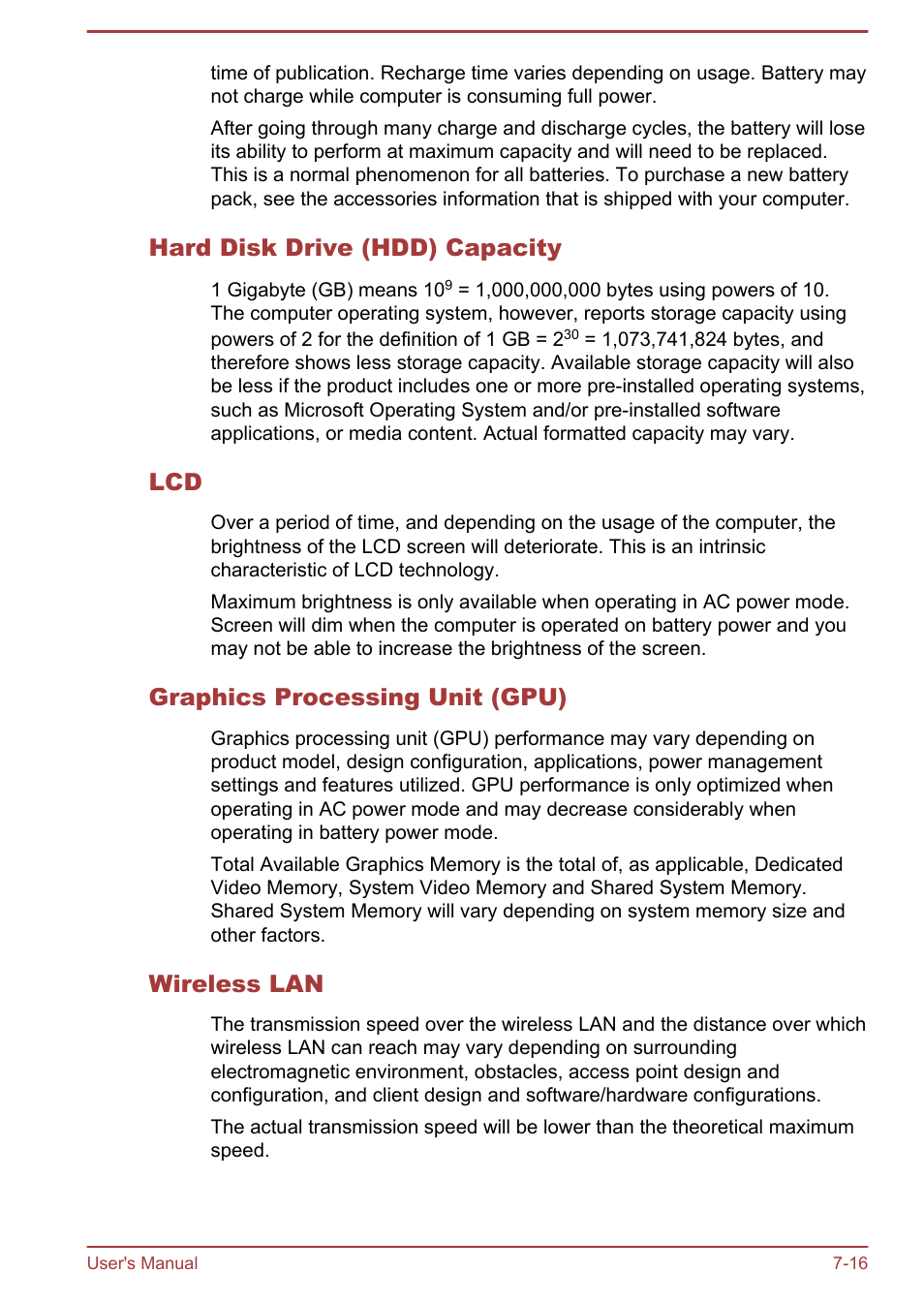 Hard disk drive (hdd) capacity, Graphics processing unit (gpu), Wireless lan | Toshiba Satellite P50-B User Manual | Page 144 / 148