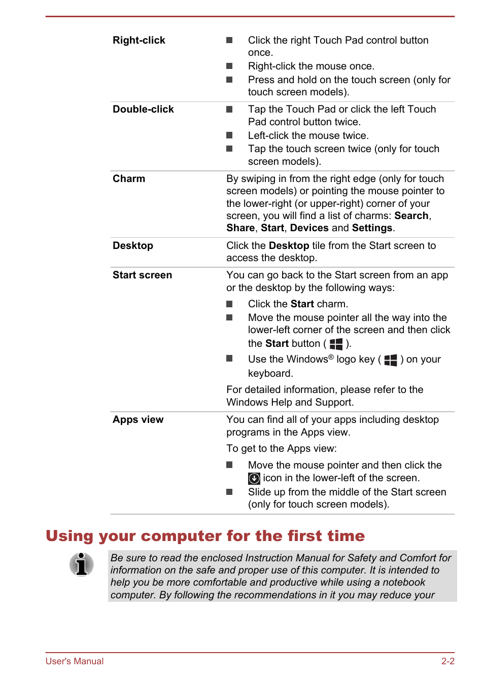 Using your computer for the first time, Using your computer for the first time -2 | Toshiba Satellite P50-B User Manual | Page 23 / 148