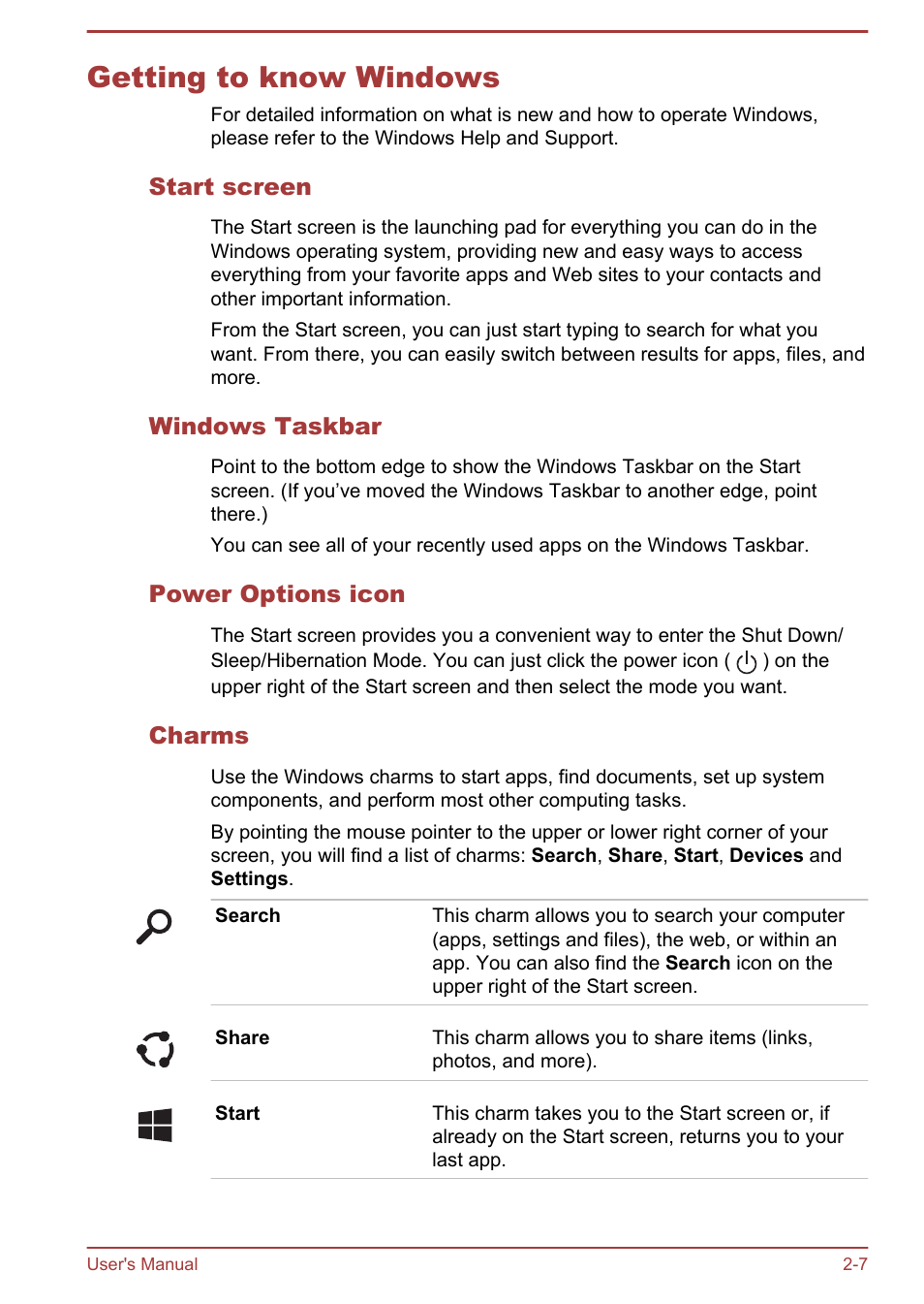 Getting to know windows, Start screen, Windows taskbar | Power options icon, Charms, Getting to know windows -7 | Toshiba Satellite P50-B User Manual | Page 28 / 148