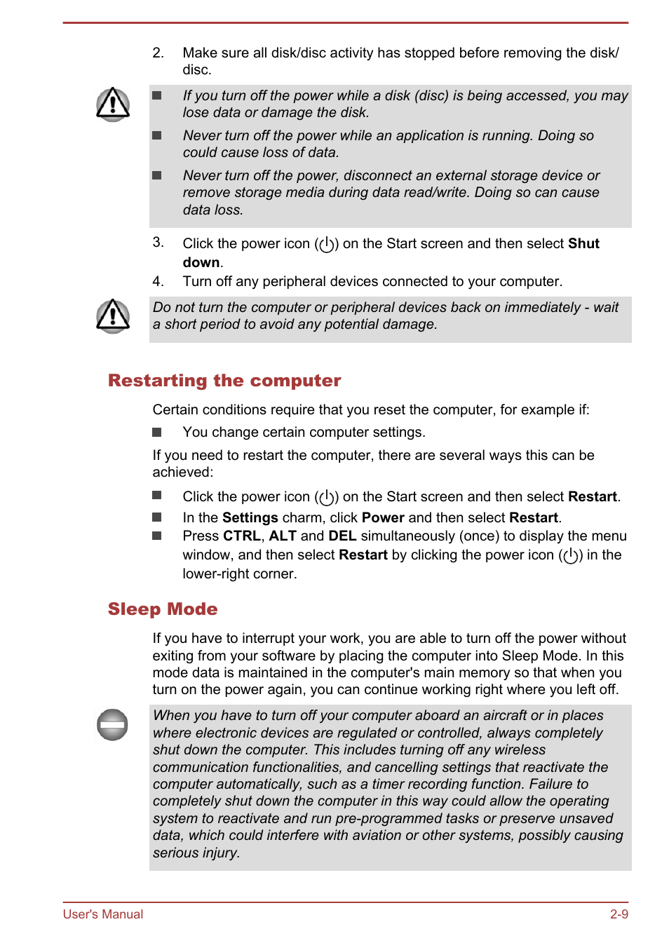 Restarting the computer, Sleep mode | Toshiba Satellite P50-B User Manual | Page 30 / 148