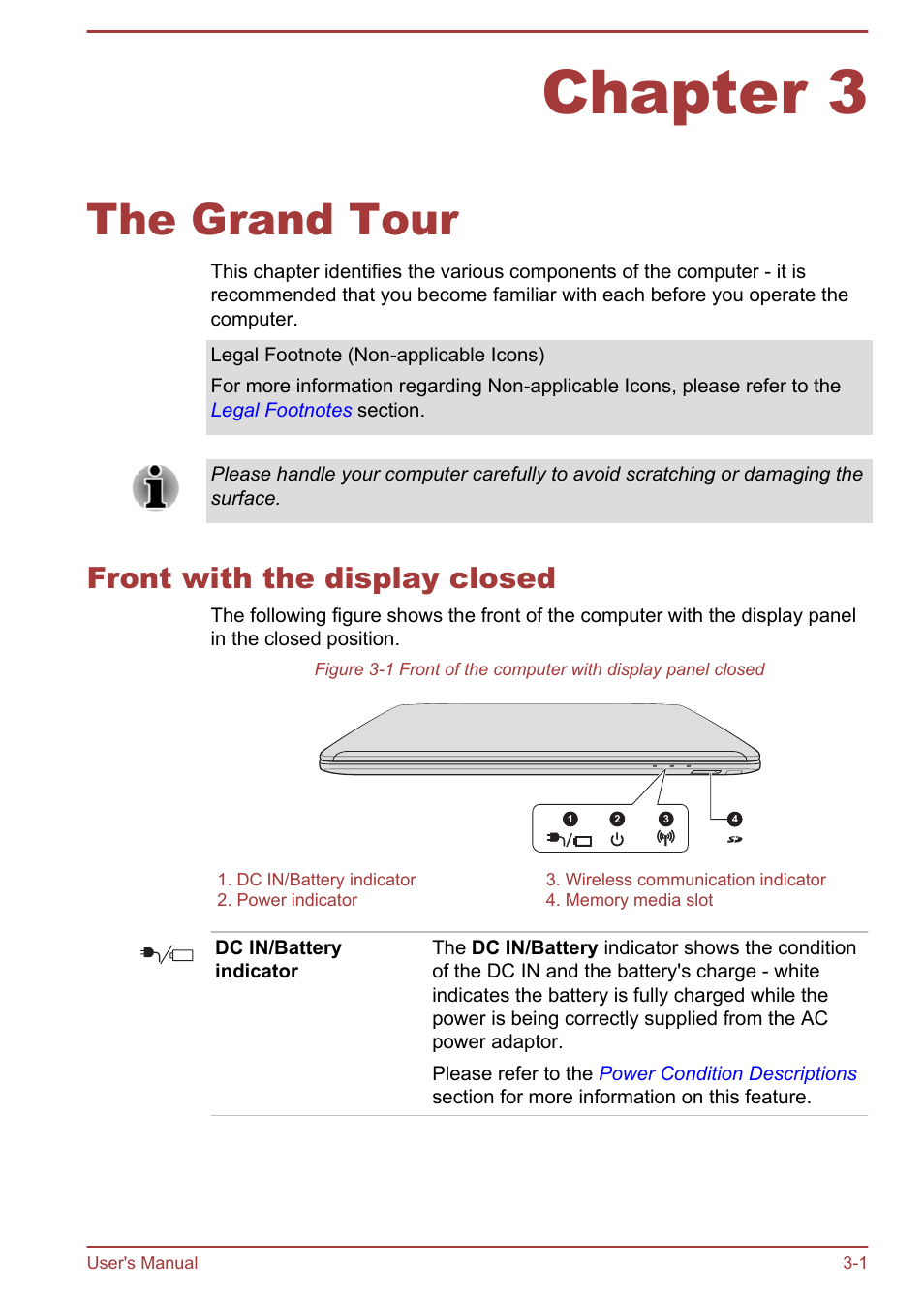 Chapter 3 the grand tour, Front with the display closed, Chapter 3 | The grand tour, Front with the display closed -1 | Toshiba Satellite P50-B User Manual | Page 34 / 148