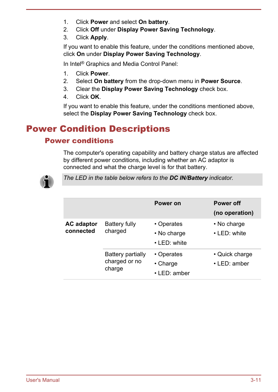 Power condition descriptions, Power conditions, Power condition descriptions -11 | Toshiba Satellite P50-B User Manual | Page 44 / 148