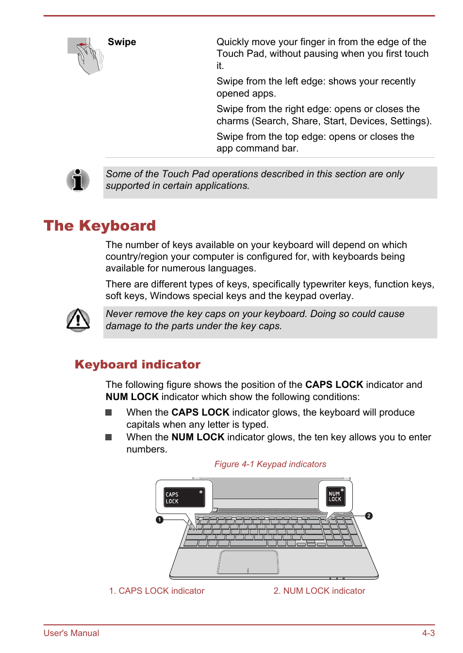 The keyboard, Keyboard indicator, The keyboard -3 | Toshiba Satellite P50-B User Manual | Page 49 / 148