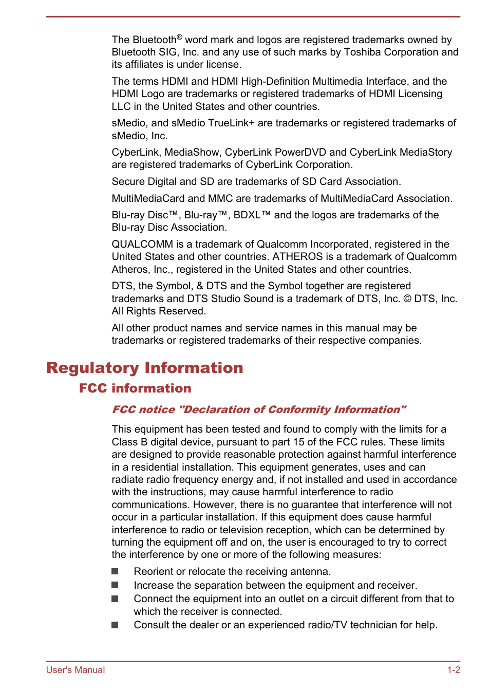 Regulatory information, Fcc information, Regulatory information -2 | Toshiba Satellite P50-B User Manual | Page 5 / 148