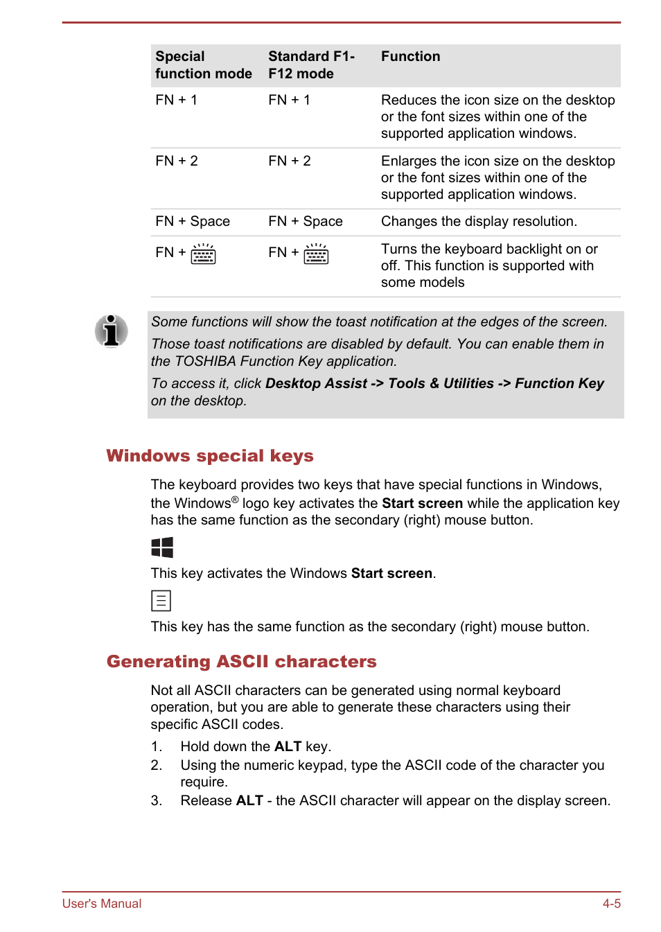 Windows special keys, Generating ascii characters | Toshiba Satellite P50-B User Manual | Page 51 / 148