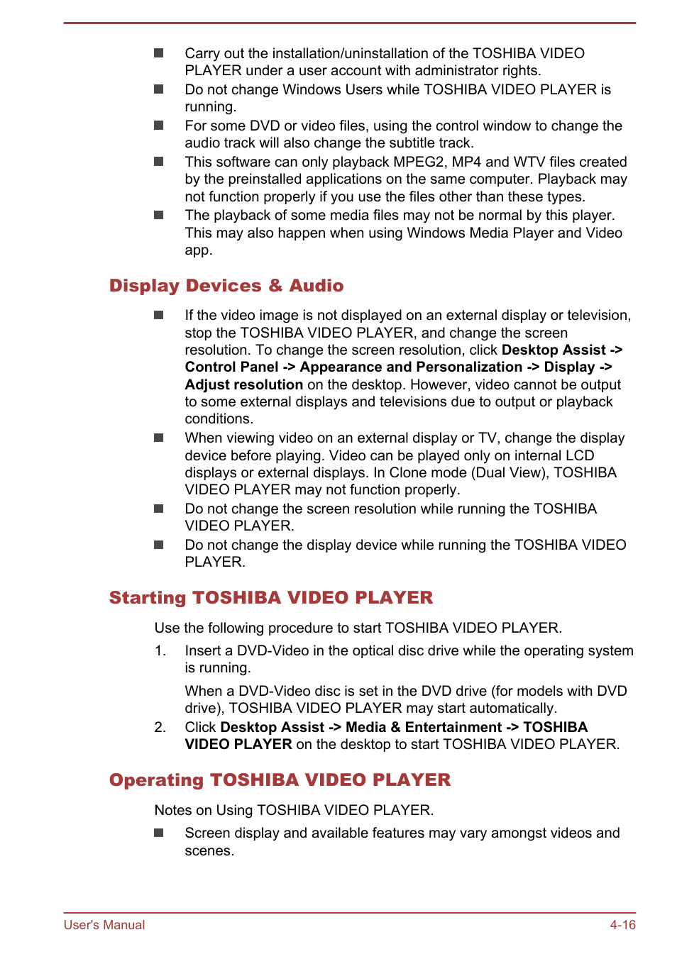 Display devices & audio, Starting toshiba video player, Operating toshiba video player | Toshiba Satellite P50-B User Manual | Page 62 / 148