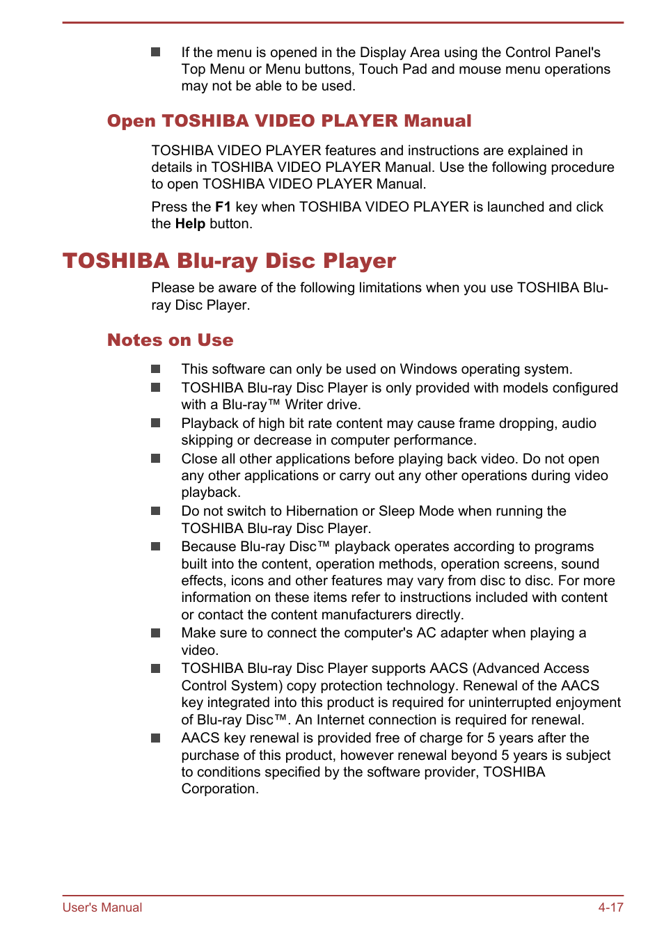 Open toshiba video player manual, Toshiba blu-ray disc player, Notes on use | Toshiba blu-ray disc player -17 | Toshiba Satellite P50-B User Manual | Page 63 / 148