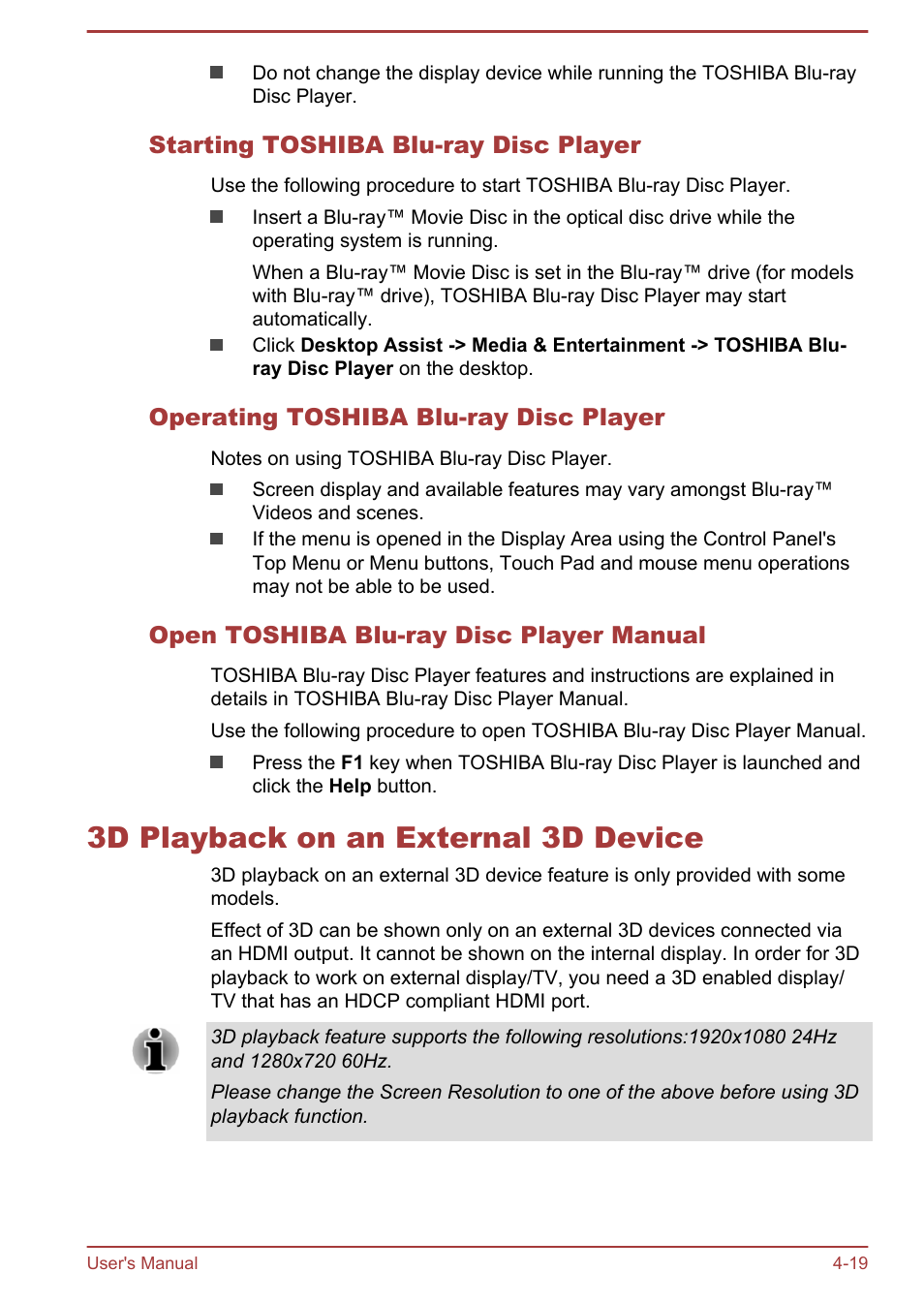 Starting toshiba blu-ray disc player, Operating toshiba blu-ray disc player, Open toshiba blu-ray disc player manual | 3d playback on an external 3d device, 3d playback on an external 3d device -19 | Toshiba Satellite P50-B User Manual | Page 65 / 148