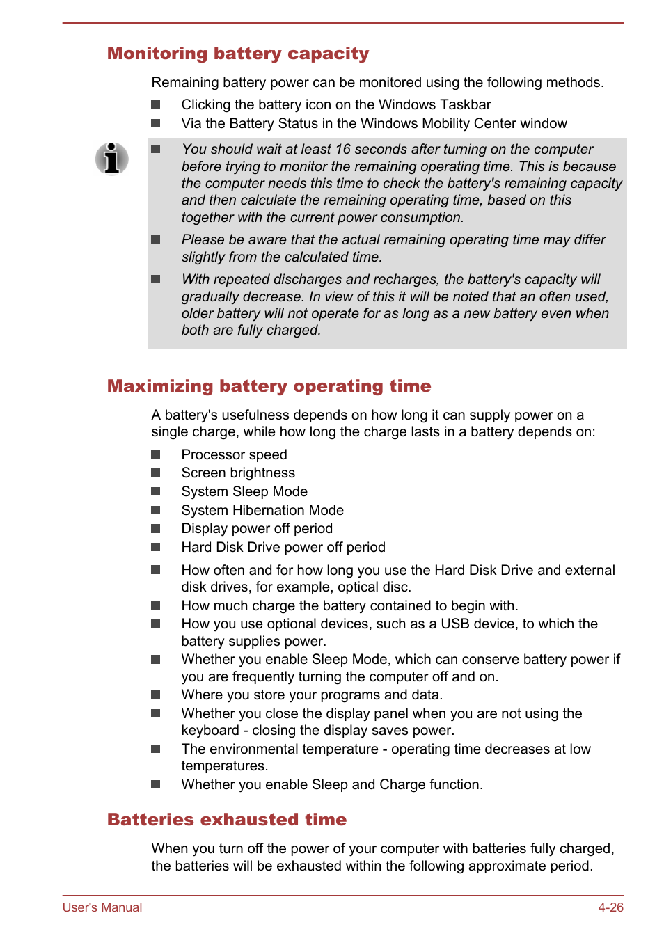 Monitoring battery capacity, Maximizing battery operating time, Batteries exhausted time | Toshiba Satellite P50-B User Manual | Page 72 / 148