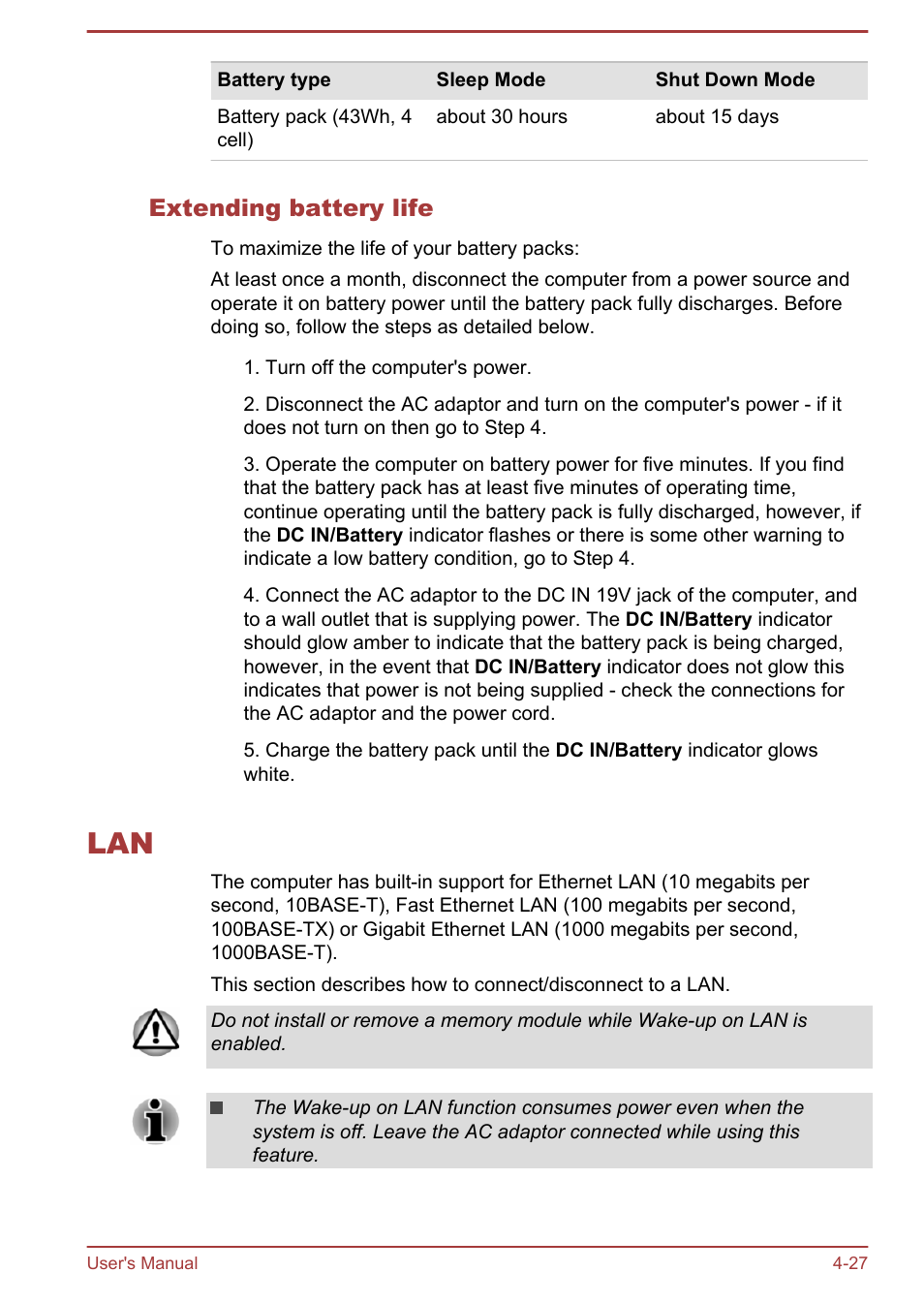 Extending battery life, Lan -27 | Toshiba Satellite P50-B User Manual | Page 73 / 148