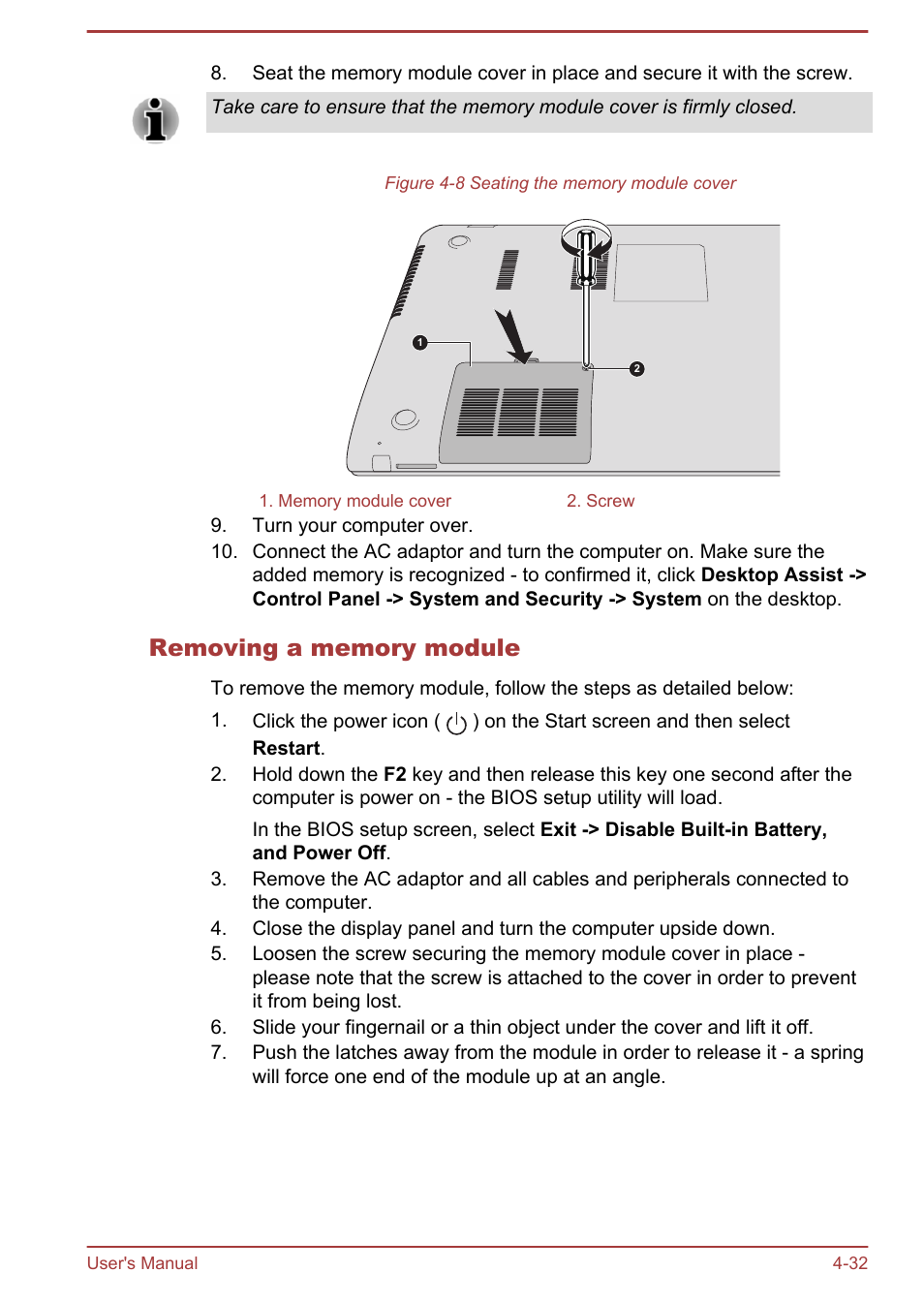 Removing a memory module | Toshiba Satellite P50-B User Manual | Page 78 / 148