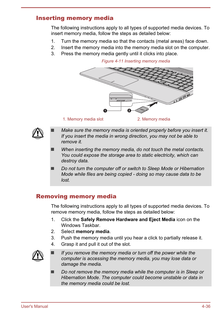 Inserting memory media, Removing memory media | Toshiba Satellite P50-B User Manual | Page 82 / 148