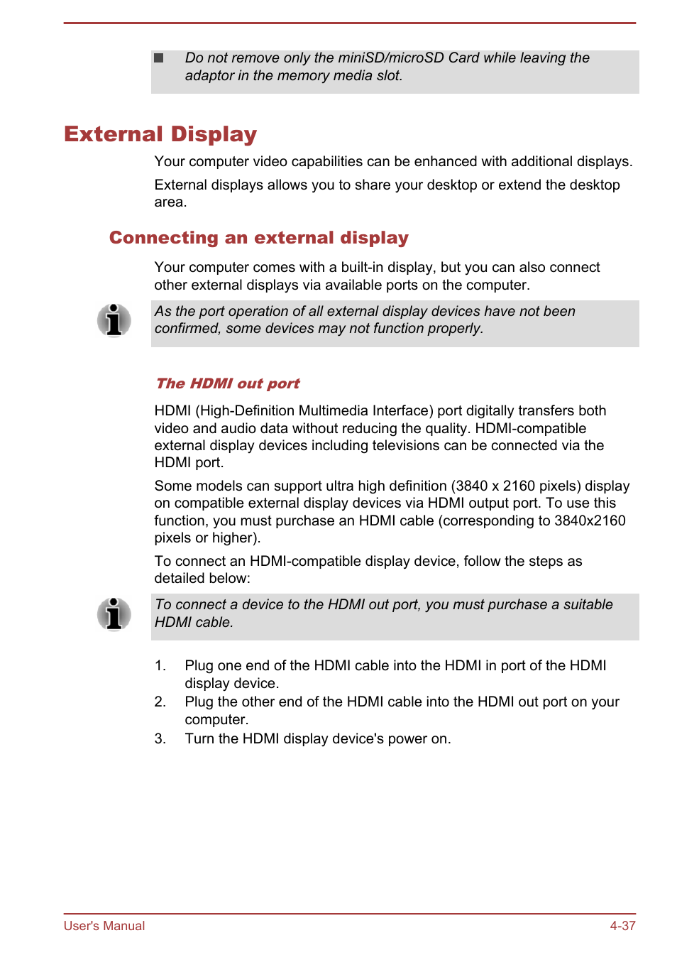 External display, Connecting an external display, External display -37 | Toshiba Satellite P50-B User Manual | Page 83 / 148