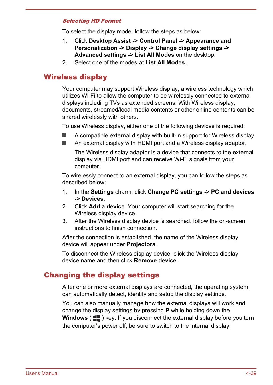 Wireless display, Changing the display settings | Toshiba Satellite P50-B User Manual | Page 85 / 148