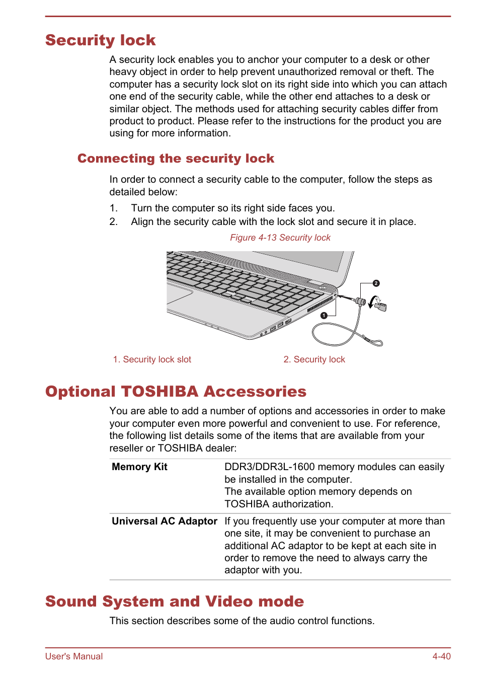 Security lock, Connecting the security lock, Optional toshiba accessories | Sound system and video mode | Toshiba Satellite P50-B User Manual | Page 86 / 148