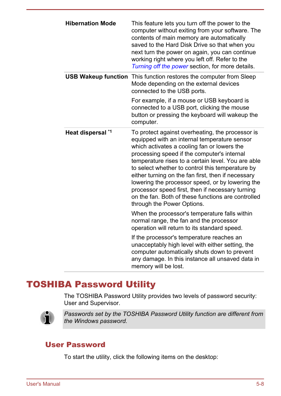 Toshiba password utility, User password, Toshiba password utility -8 | Toshiba Satellite P50-B User Manual | Page 96 / 148