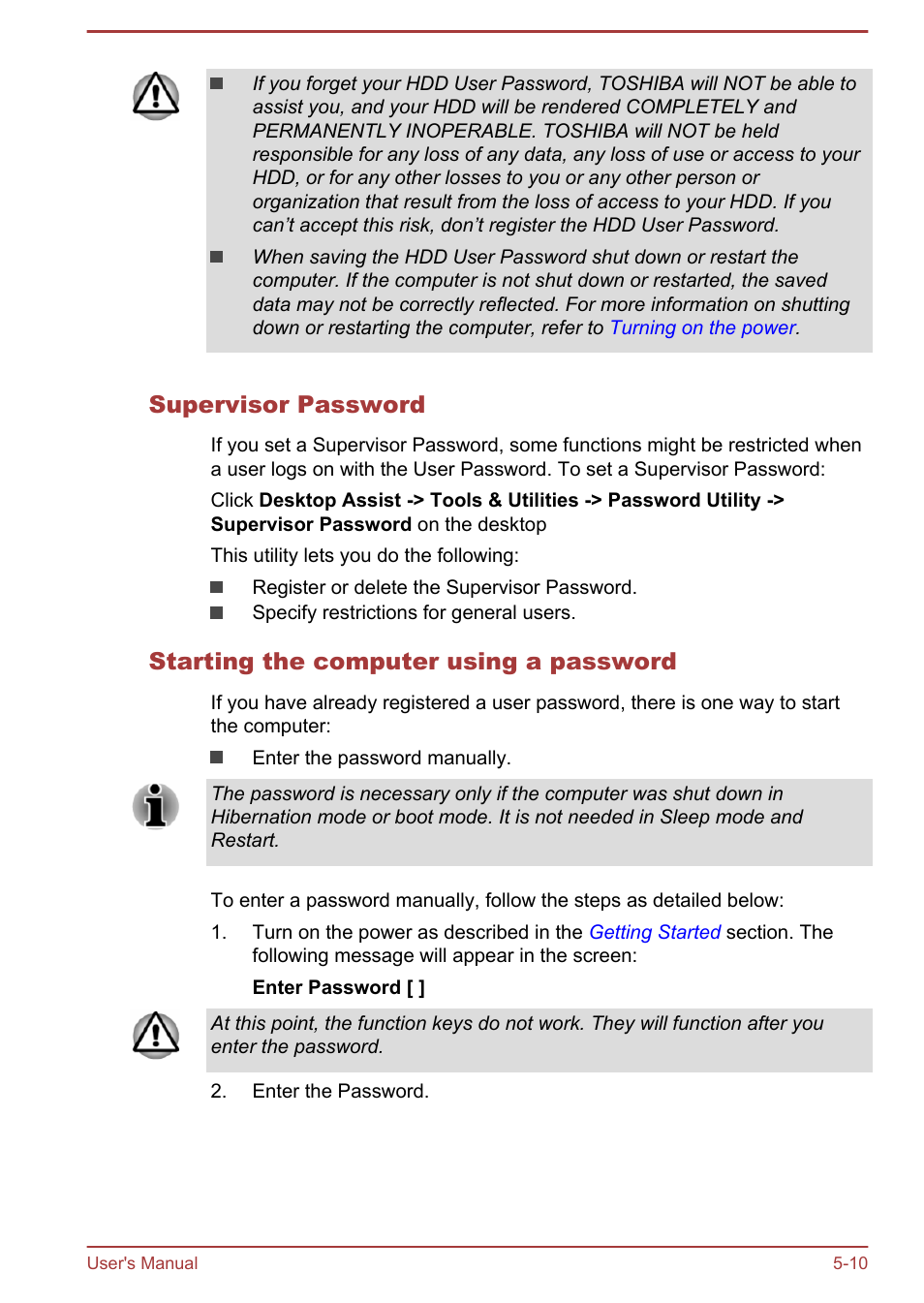 Supervisor password, Starting the computer using a password | Toshiba Satellite P50-B User Manual | Page 98 / 148