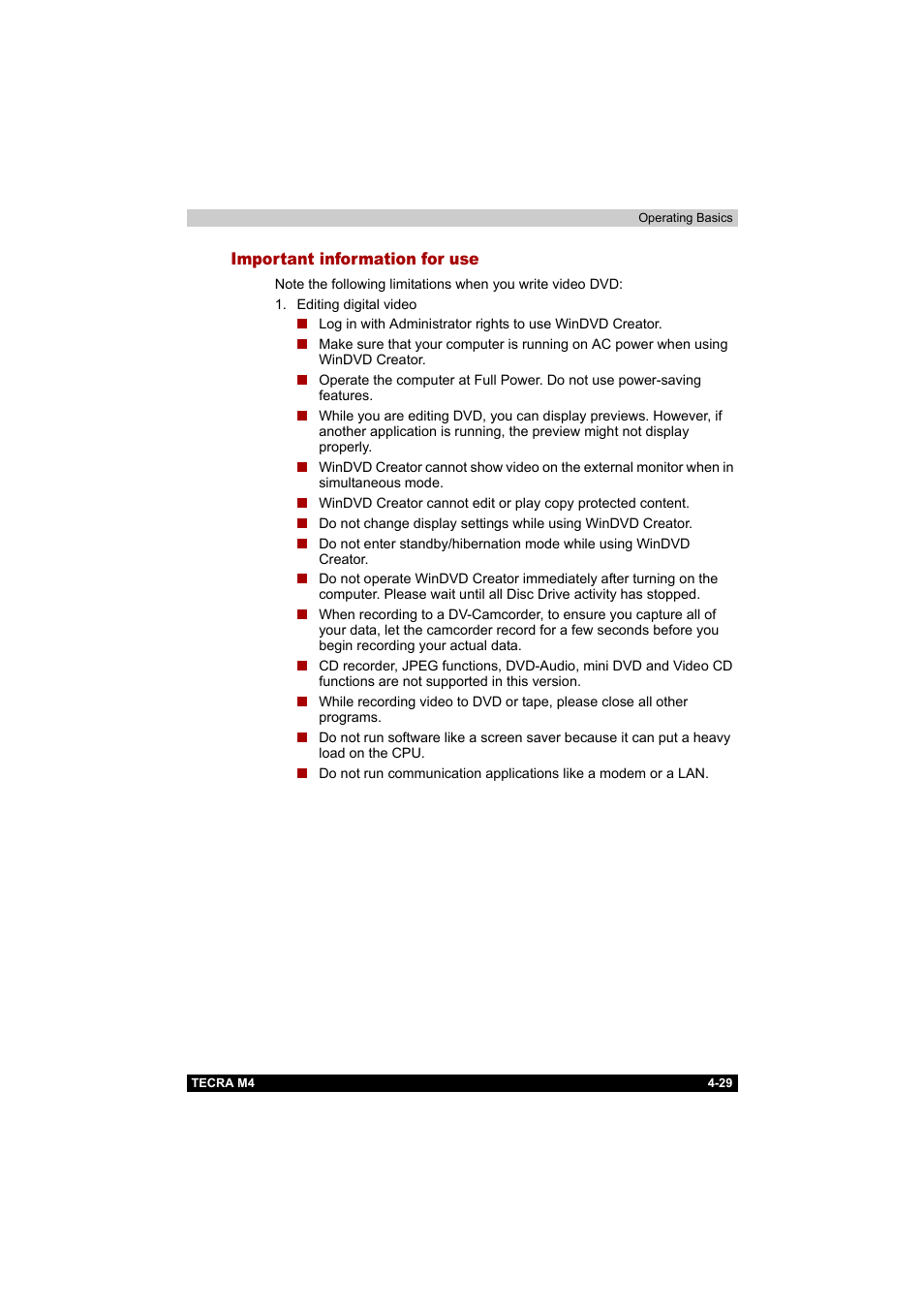 Important information for use, Important information for use -29 | Toshiba Tecra M4 User Manual | Page 101 / 237