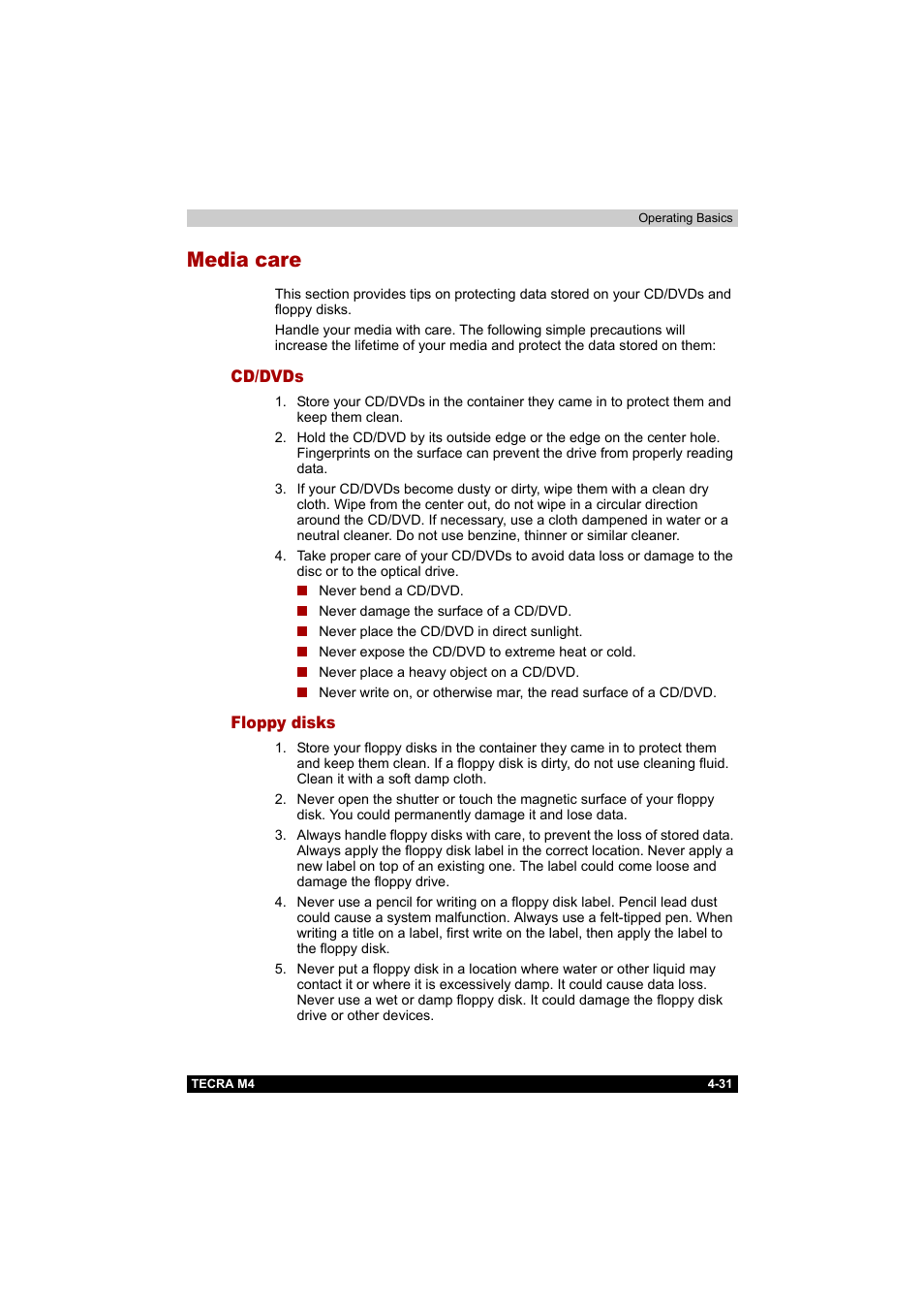 Media care, Cd/dvds, Floppy disks | Media care -31, Cd/dvds -31 floppy disks -31 | Toshiba Tecra M4 User Manual | Page 103 / 237