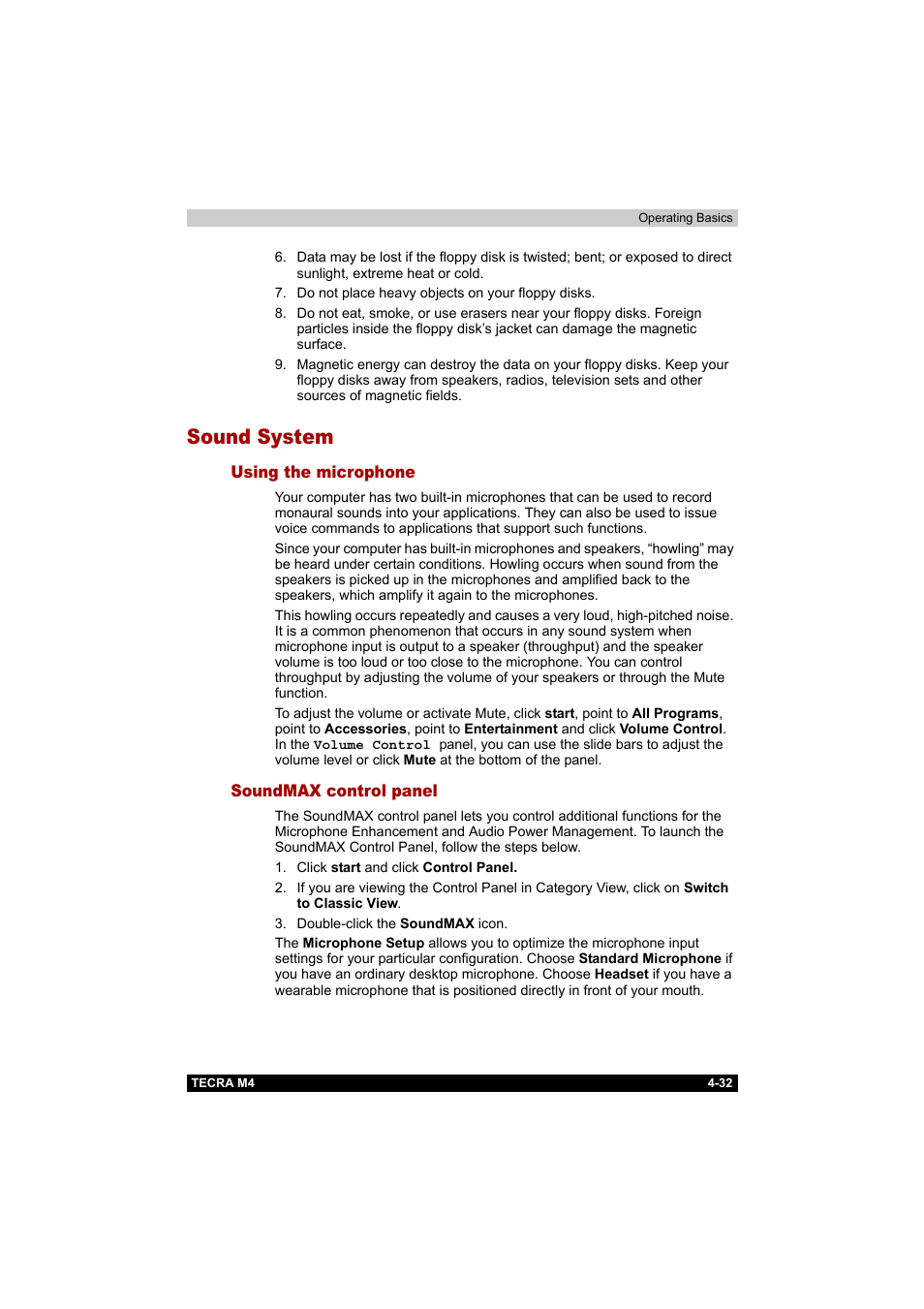 Sound system, Using the microphone, Soundmax control panel | Sound system -32 | Toshiba Tecra M4 User Manual | Page 104 / 237