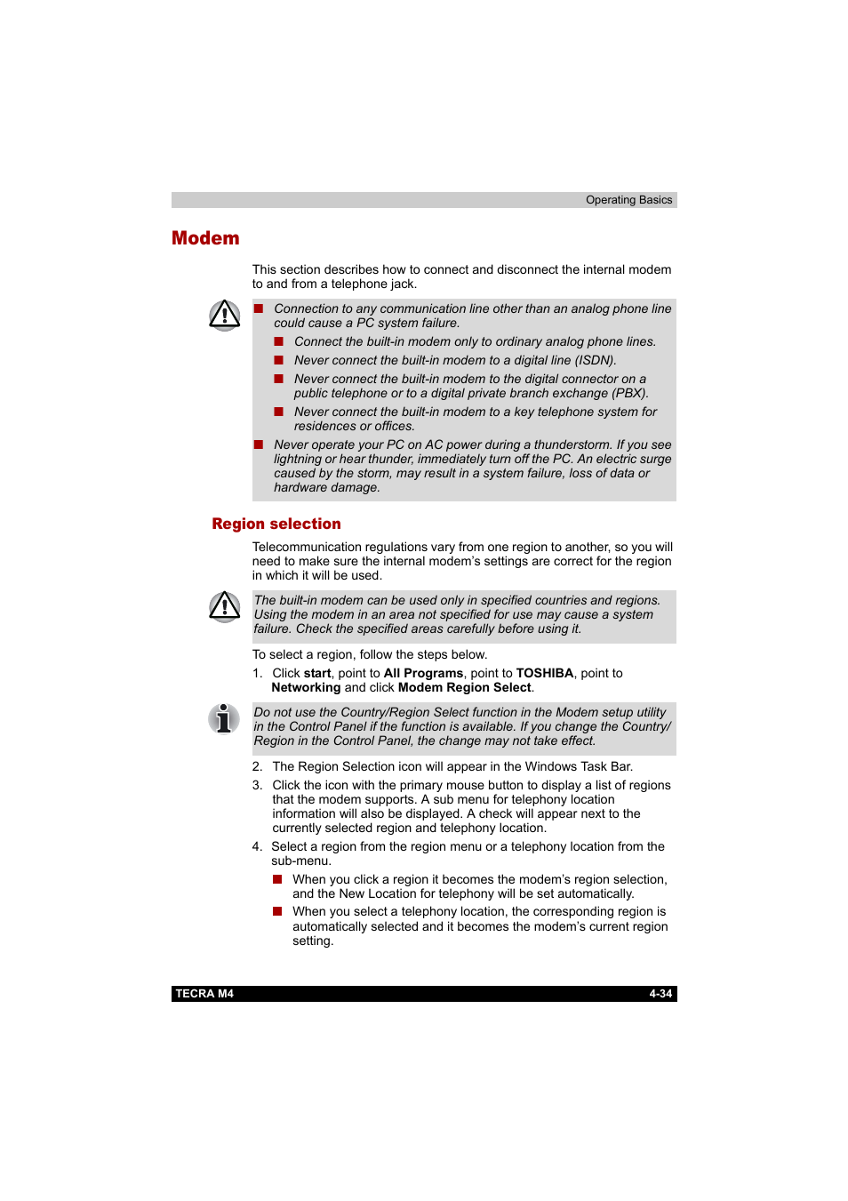 Modem, Region selection, Modem -34 | Region selection -34 | Toshiba Tecra M4 User Manual | Page 106 / 237