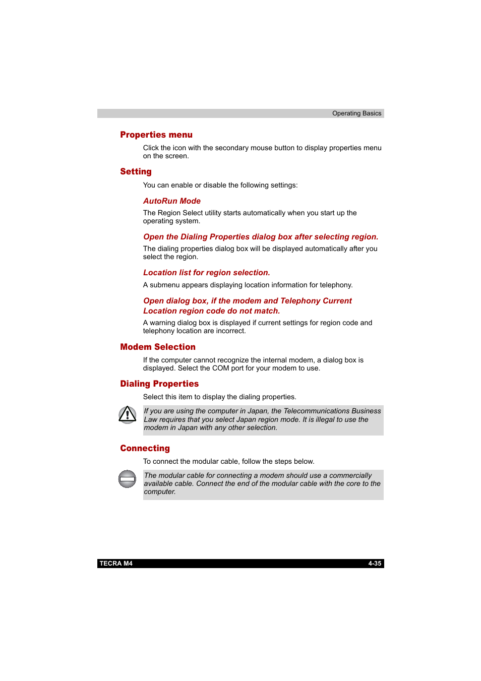 Properties menu, Setting, Modem selection | Dialing properties, Connecting | Toshiba Tecra M4 User Manual | Page 107 / 237