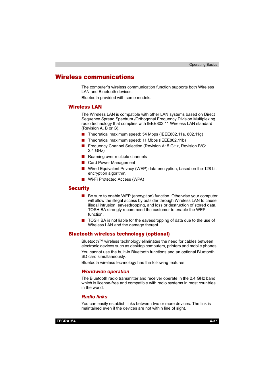 Wireless communications, Wireless lan, Security | Bluetooth wireless technology (optional), Wireless communications -37 | Toshiba Tecra M4 User Manual | Page 109 / 237