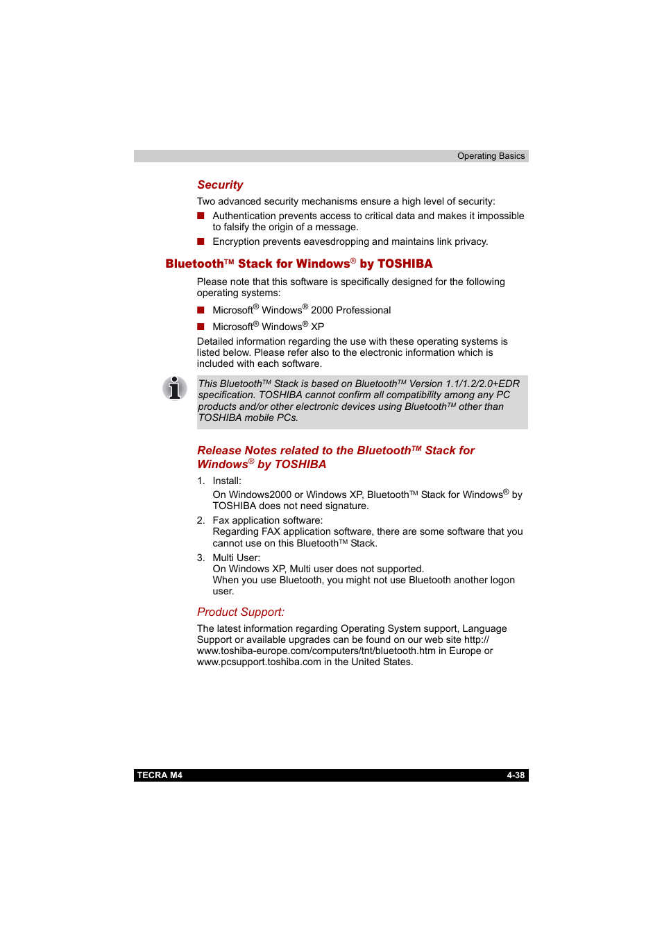 Bluetoothtm stack for windows® by toshiba, Bluetoothtm stack for windows® by toshiba -38, Bluetooth | Stack for windows, By toshiba | Toshiba Tecra M4 User Manual | Page 110 / 237