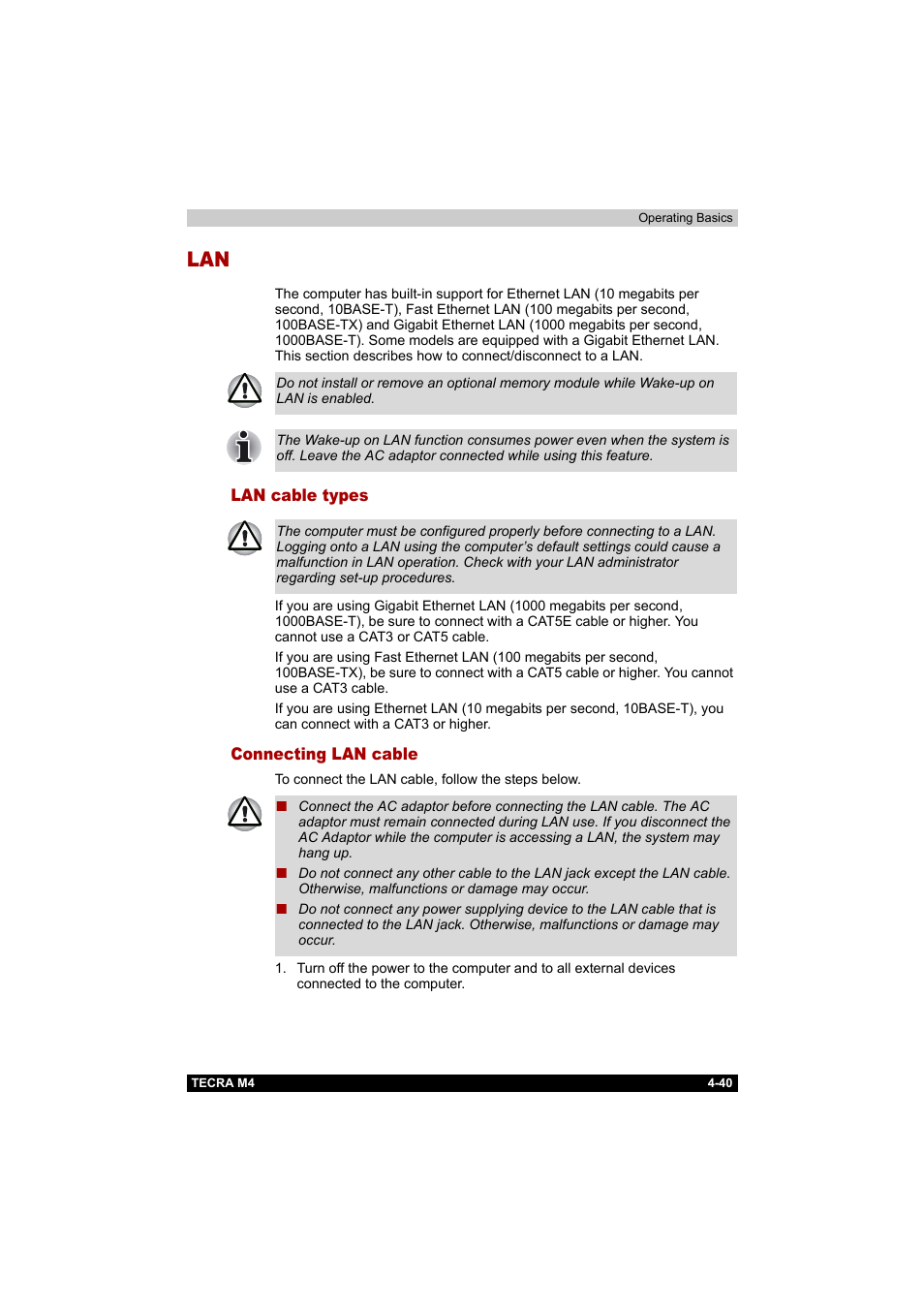 Lan cable types, Connecting lan cable, Lan -40 | Lan cable types -40 connecting lan cable -40 | Toshiba Tecra M4 User Manual | Page 112 / 237