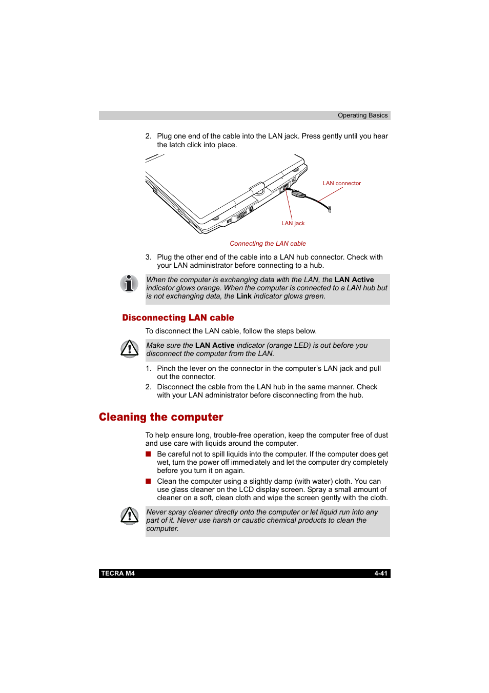 Disconnecting lan cable, Cleaning the computer, Disconnecting lan cable -41 | Cleaning the computer -41 | Toshiba Tecra M4 User Manual | Page 113 / 237