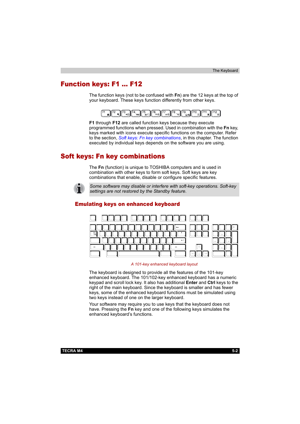 Function keys: f1 … f12, Soft keys: fn key combinations, Emulating keys on enhanced keyboard | Emulating keys on enhanced keyboard -2, Tecra m4 5-2 the keyboard, A 101-key enhanced keyboard layout | Toshiba Tecra M4 User Manual | Page 120 / 237