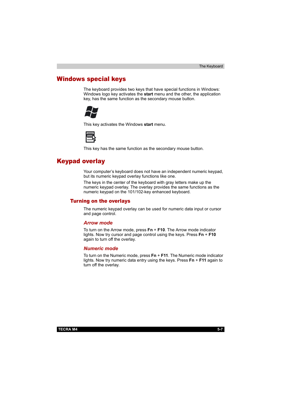 Windows special keys, Keypad overlay, Turning on the overlays | Windows special keys -7 keypad overlay -7, Turning on the overlays -7, Keypad, Overlay | Toshiba Tecra M4 User Manual | Page 125 / 237