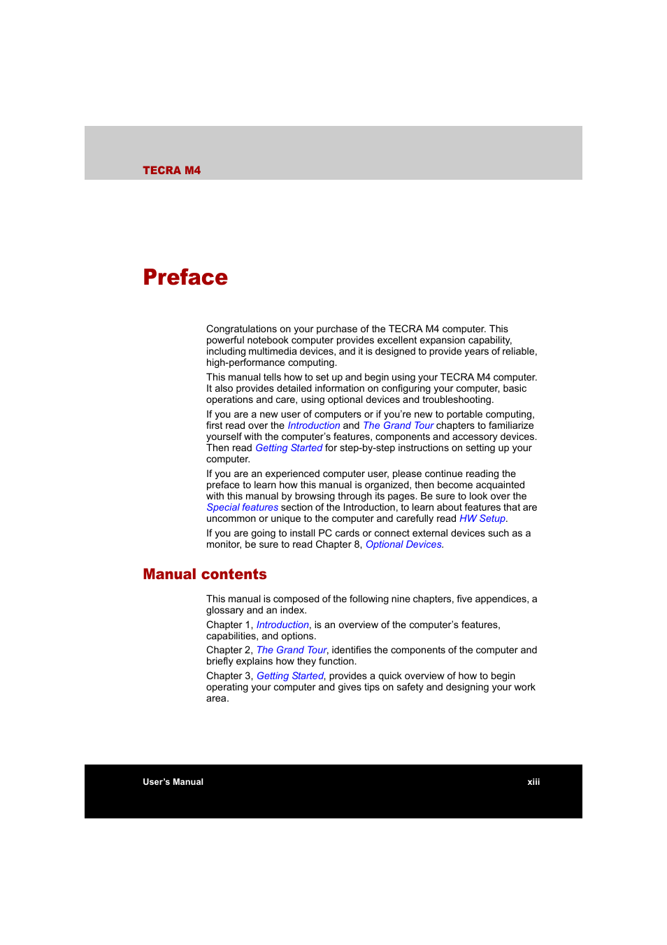 Preface, Manual contents | Toshiba Tecra M4 User Manual | Page 13 / 237