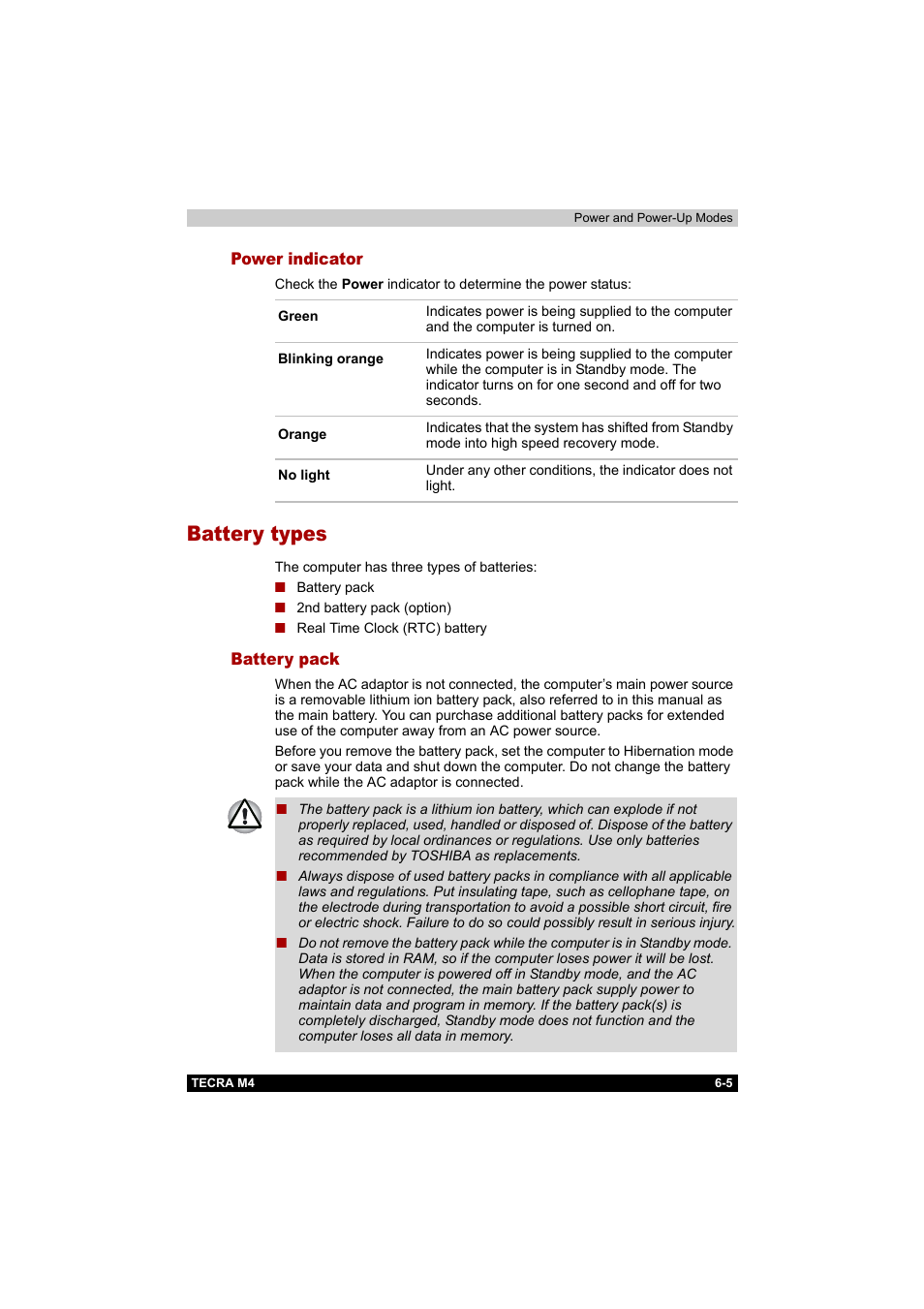 Power indicator, Battery types, Battery pack | Power indicator -5, Battery types -5, Battery pack -5 | Toshiba Tecra M4 User Manual | Page 132 / 237