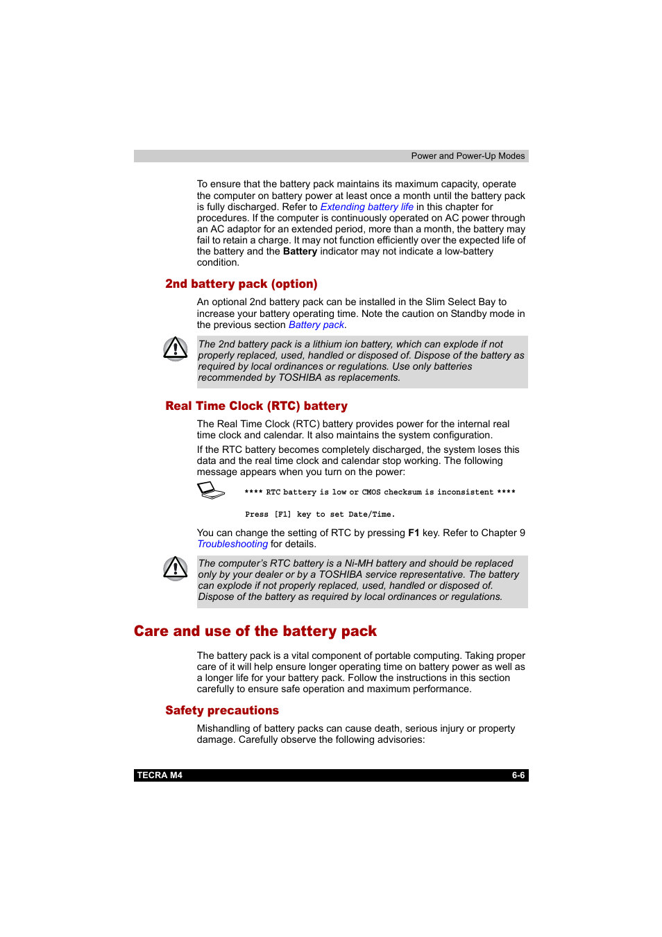 2nd battery pack (option), Real time clock (rtc) battery, Care and use of the battery pack | Safety precautions, Care and use of the battery pack -6, Safety precautions -6 | Toshiba Tecra M4 User Manual | Page 133 / 237