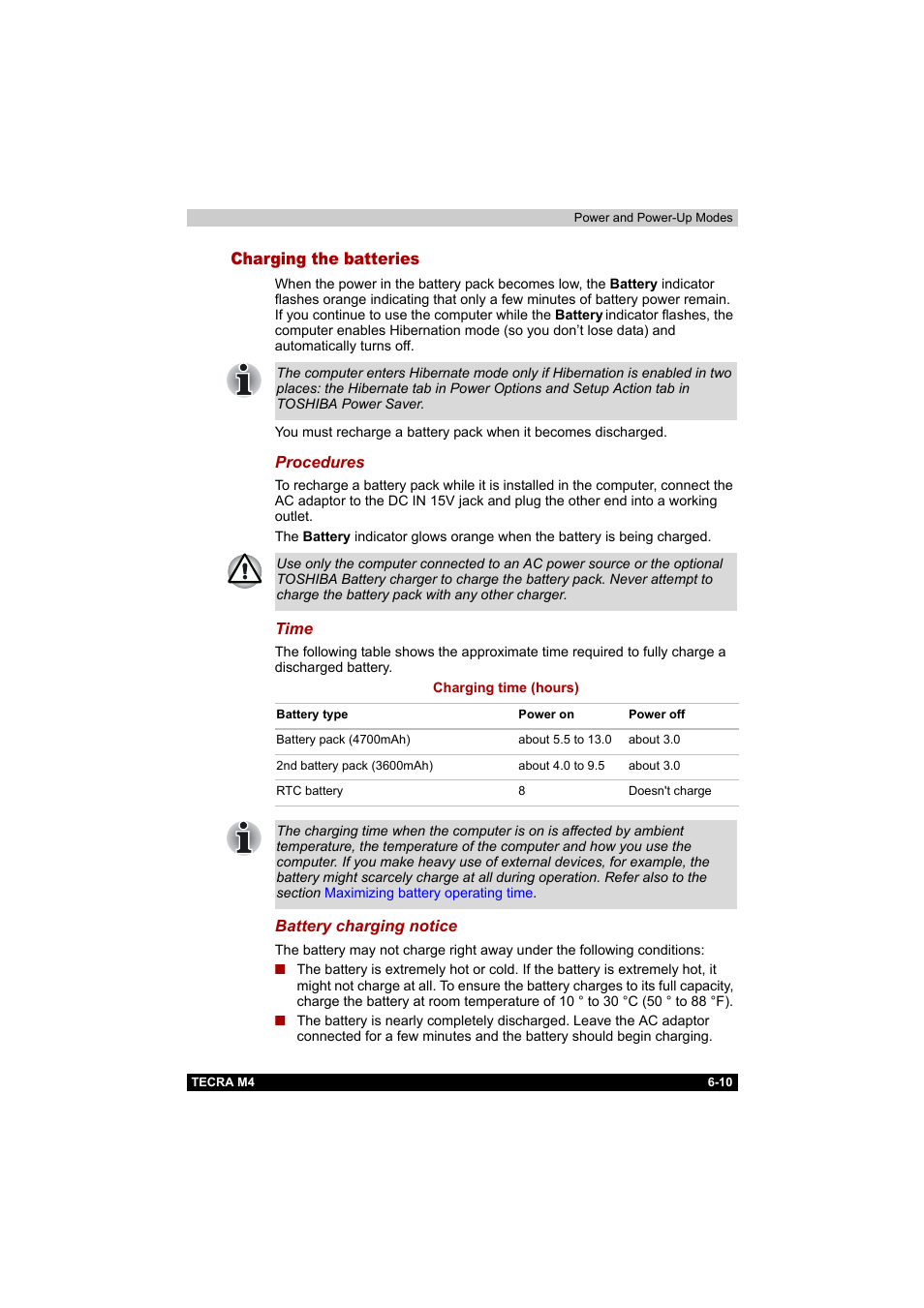 Charging the batteries, Charging the batteries -10 | Toshiba Tecra M4 User Manual | Page 137 / 237