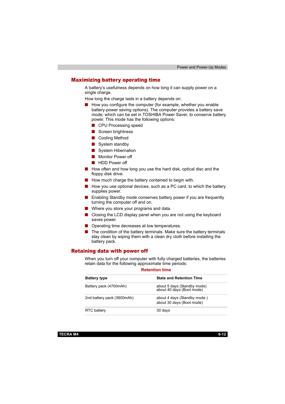 Maximizing battery operating time, Retaining data with power off | Toshiba Tecra M4 User Manual | Page 139 / 237