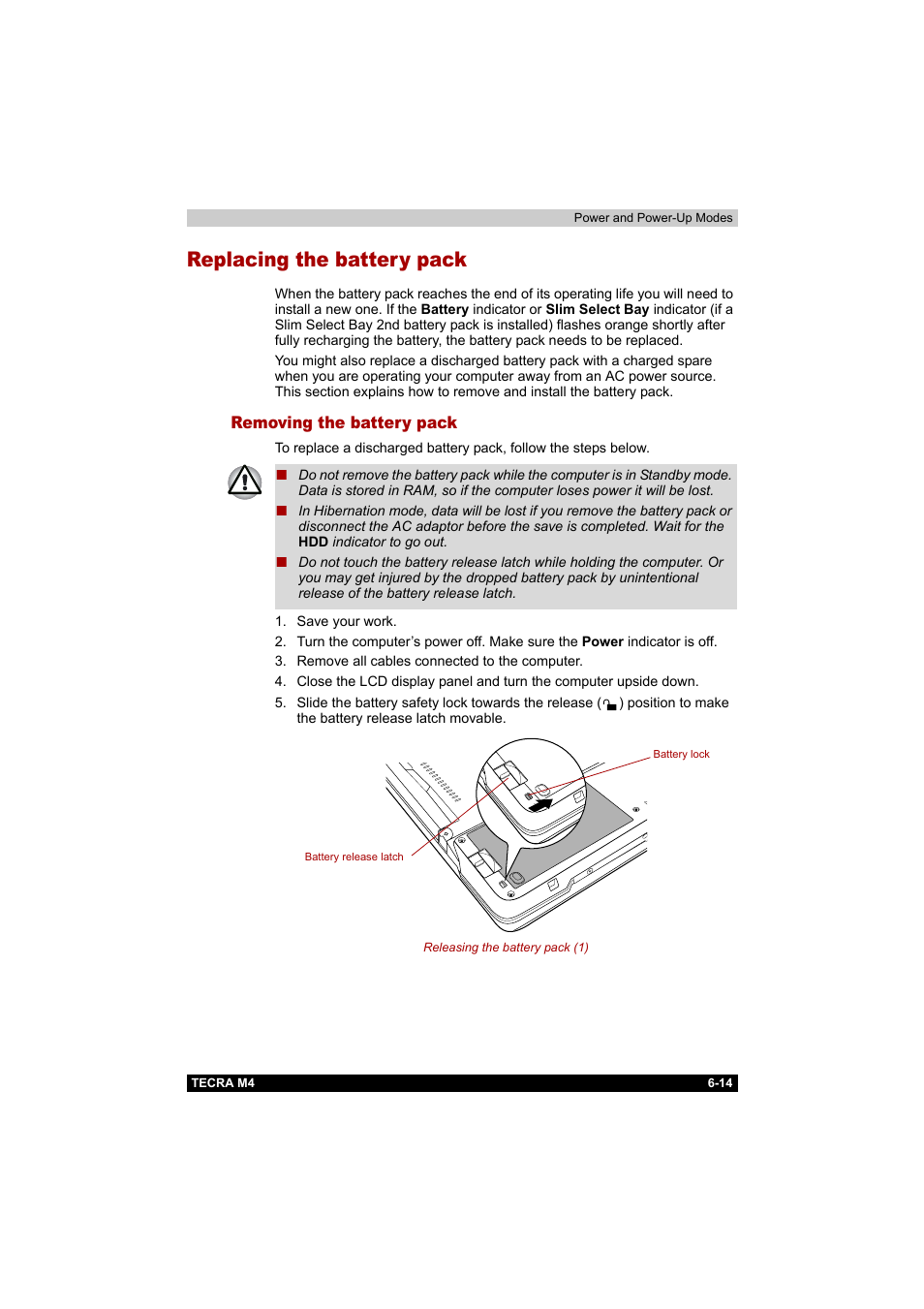 Replacing the battery pack, Removing the battery pack, Replacing the battery pack -14 | Removing the battery pack -14 | Toshiba Tecra M4 User Manual | Page 141 / 237