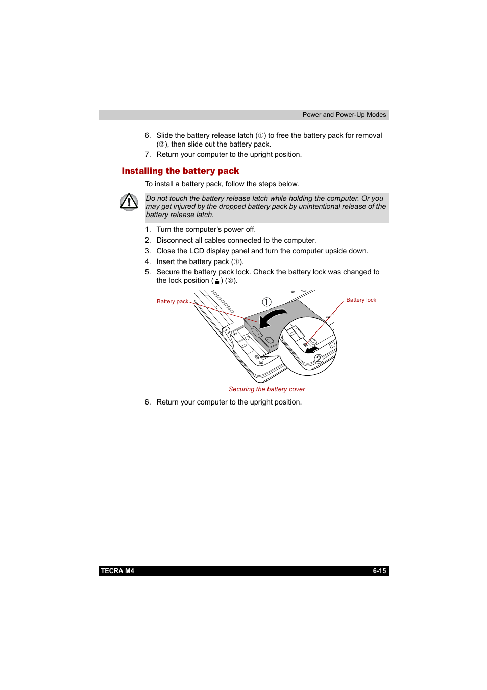 Installing the battery pack, Installing the battery pack -15 | Toshiba Tecra M4 User Manual | Page 142 / 237