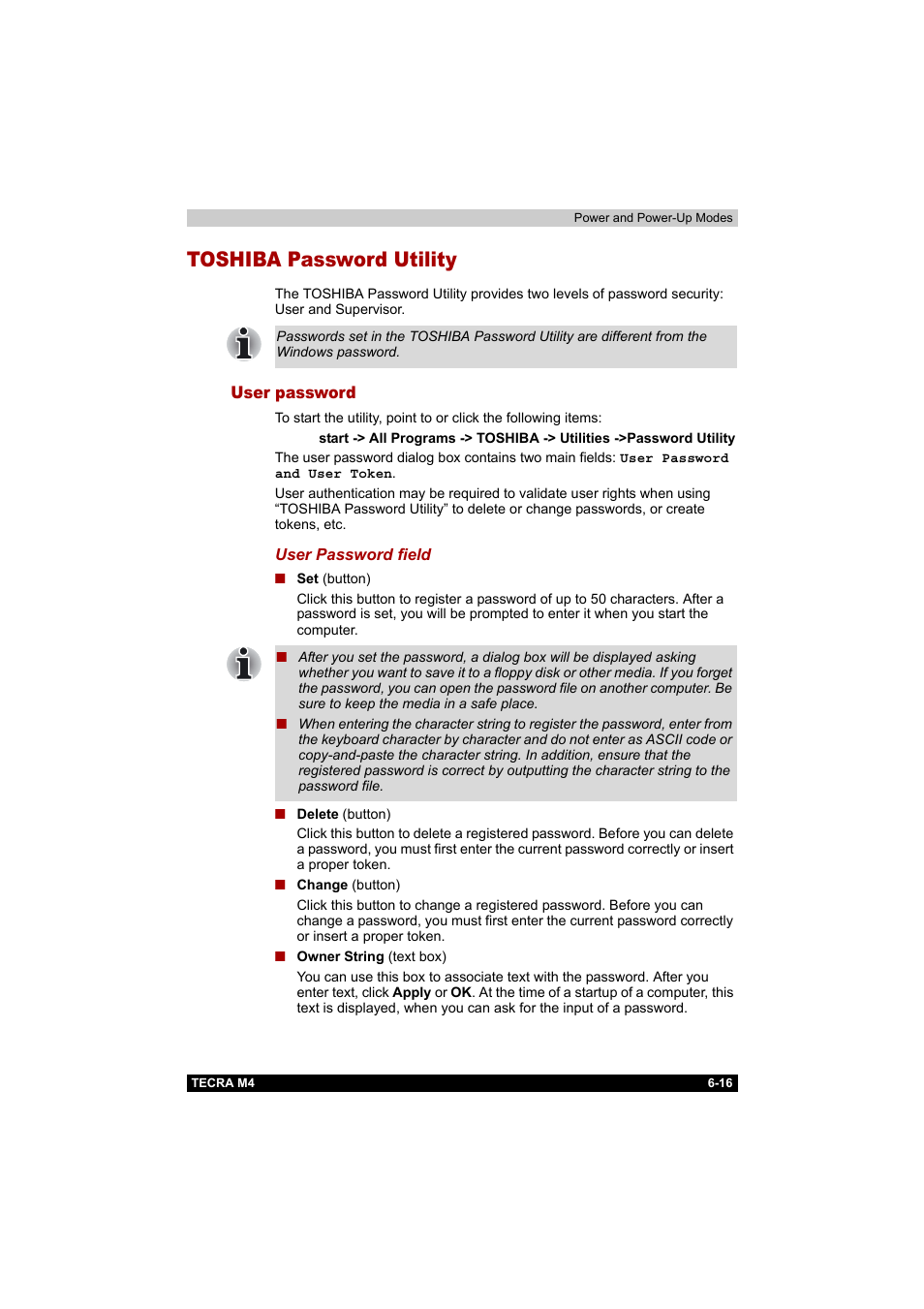 Toshiba password utility, User password, Toshiba password utility -16 | User password -16 | Toshiba Tecra M4 User Manual | Page 143 / 237