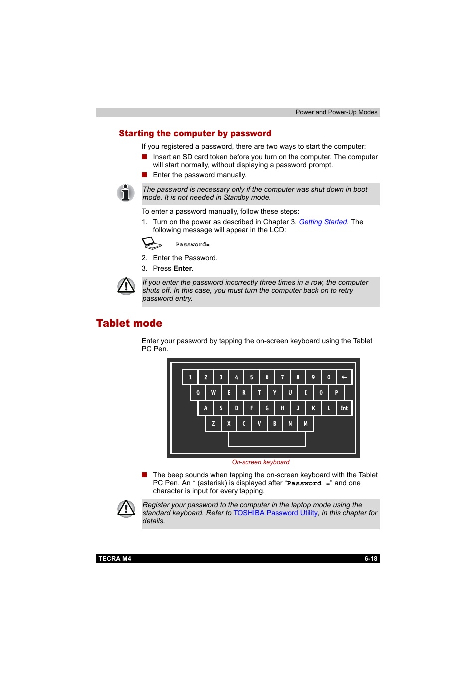 Starting the computer by password, Tablet mode, Starting the computer by password -18 | Tablet mode -18 | Toshiba Tecra M4 User Manual | Page 145 / 237