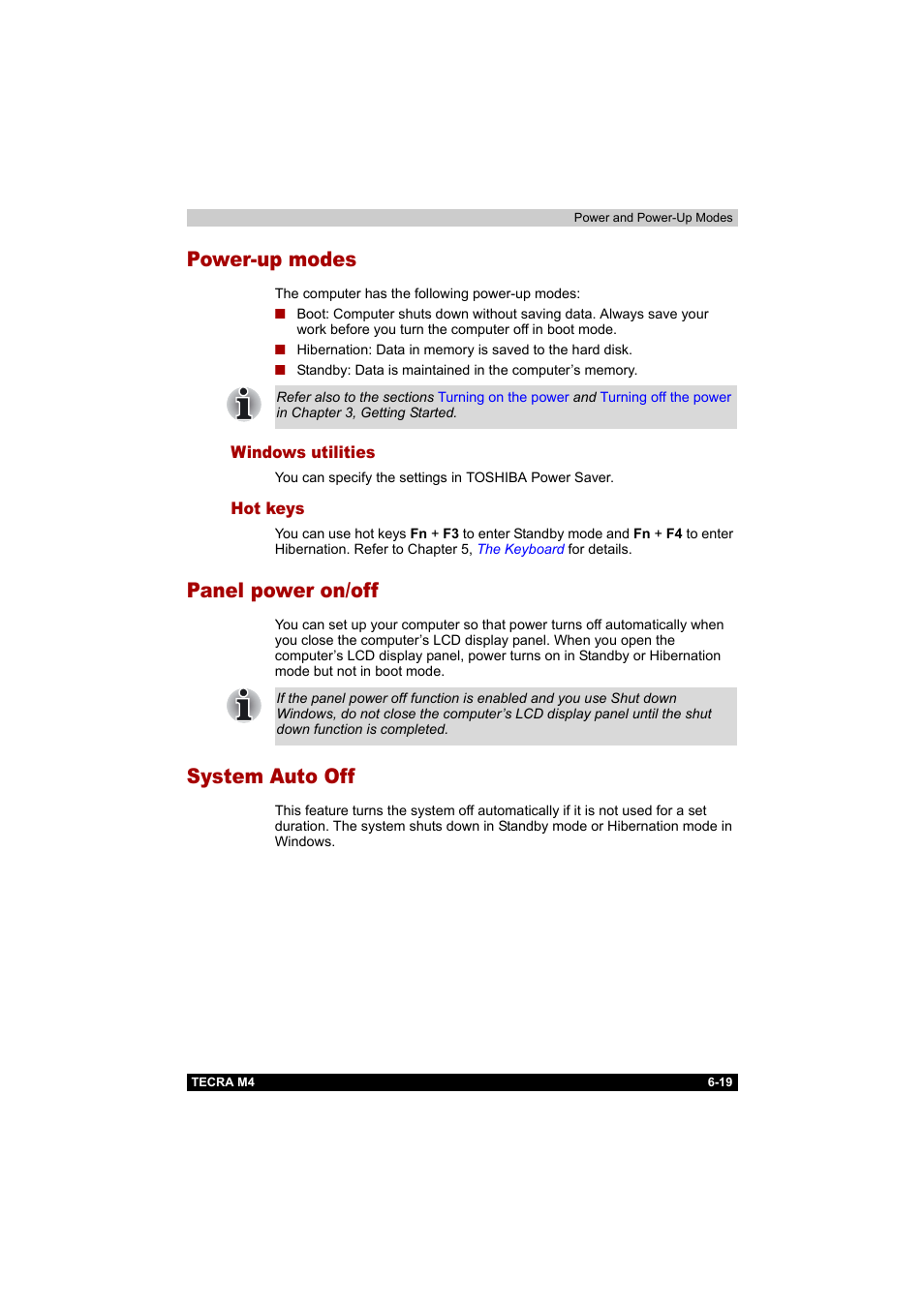 Power-up modes, Windows utilities, Hot keys | Panel power on/off, System auto off, Power-up modes -19, Windows utilities -19 hot keys -19, Panel power on/off -19 system auto off -19 | Toshiba Tecra M4 User Manual | Page 146 / 237