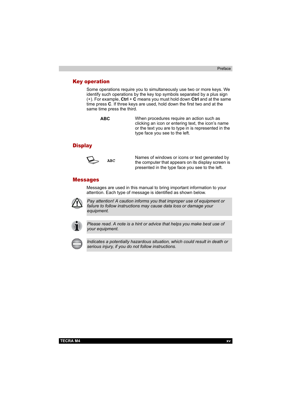Key operation, Display, Messages | Toshiba Tecra M4 User Manual | Page 15 / 237